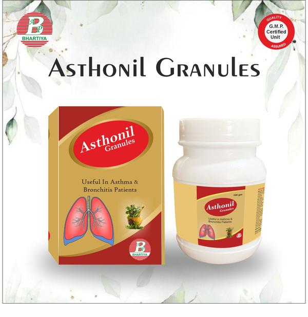 ASTHONIL GRANULES
Product Identification
• Generic Name: Asthonil Granule
• Type: Ayurvedic Patent Medicine
• Primary Indication Area: Supports respiratory health, particularly useful in bronchitis, cough, and asthma
• Therapeutic Indications: support respiratory function, help in relieving cough, reducing congestion, and promoting lung health naturally
Key benefits include:
• Respiratory Support: Helps maintain healthy lung function and eases breathing.
• Bronchitis & Asthma Relief: Reduces symptoms like cough, congestion, and respiratory discomfort.
• Cough Management: Soothes the throat and reduces persistent coughing.
• Immune Support: Strengthens the body’s natural defenses against infections.
• Anti-inflammatory Action: Helps reduce mild inflammation in the respiratory tract.
• Overall Vitality: Supports energy levels and general wellness.
.
Ingredients:
Gajwan (Onosma bracteatum)
Botanical Name: Onosma bracteatum
Ayurvedic Name: Gojihva / Gaozaban
Key Phytoconstituents:
• Flavonoids & Phenolics – antioxidant, anti-inflammatory
• Naphthoquinones (shikonins) – antimicrobial, anti-inflammatory
• Coumarins & Glycosides – support fluid balance
• Tannins & Mucilage – demulcent, soothe mucous membranes
• Minerals & Alkaloids – tonic, diuretic
Mechanism / Actions:
1. Anti-inflammatory & antioxidant → reduce airway inflammation
2. Demulcent & expectorant → soothe throat, clear mucus
3. Spasmolytic → relax airway smooth muscles → easier breathing
Arjun Chhal (Terminalia arjuna Bark)
Botanical Name: Terminalia arjuna
Ayurvedic Name: Arjuna Chhal / Arjuna Bark
Key Phytoconstituents:
• Triterpenoid saponins (Arjunic acid, Arjunolic acid) – mild anti-inflammatory
• Flavonoids & Polyphenols – antioxidant, anti-inflammatory
• Tannins – protect airway and lung tissue
• Minerals (Calcium, Magnesium) – support tissue function
• Glycosides – improve circulation
Mechanism / Actions:
• Anti-inflammatory & antioxidant → reduce airway inflammation and oxidative damage
• Tissue protective → prevent chronic airway remodelling
• Mild bronchodilator support → relax airway smooth muscles
• Circulation booster → support oxygen delivery to tissues
• Respiratory support → may aid chronic bronchitis and cough
Haldi (Curcuma longa Rhizome)
Botanical Name: Curcuma longa
Ayurvedic Name: Haldi / Haridra
Key Phytoconstituents:
• Curcuminoids (Curcumin, Desmethoxycurcumin) – anti-inflammatory, antioxidant
• Volatile oils (Turmerone, Zingiberene) – antimicrobial, anti-inflammatory
• Polysaccharides – immune-modulatory
• Minerals (Iron, Manganese) – support tissue repair
Mechanism / Actions:
• Anti-inflammatory & antioxidant → reduces airway and tissue inflammation
• Immunomodulatory → balances immune response in allergic conditions
• Antimicrobial → protects against respiratory infections
• Tissue protective → prevents oxidative damage in lungs and other organs
• Mild bronchodilator → supports easier breathing
Amla (Phyllanthus emblica Fruit)
Botanical Name: Phyllanthus emblica
Ayurvedic Name: Amla / Amalaki
Key Phytoconstituents:
• Vitamin C (Ascorbic acid) – antioxidant, immune booster
• Flavonoids & Polyphenols – anti-inflammatory, antioxidant
• Tannins – astringent, protect tissues
• Minerals (Calcium, Phosphorus) – support tissue function
• Gallic acid & Ellagic acid – anti-inflammatory, antimicrobial
Mechanism / Actions:
• Antioxidant → reduces oxidative stress in airways
• Anti-inflammatory → decreases cytokine-driven airway inflammation
• Immunomodulatory → strengthens immune response to infections
• Mucosa protective → soothes airway and respiratory tract
• Supports tissue repair → aids recovery in bronchitis and cough
Mulethi (Glycyrrhiza glabra Root)
Botanical Name: Glycyrrhiza glabra
Ayurvedic Name: Mulethi / Yashtimadhu
Key Phytoconstituents:
• Glycyrrhizin – anti-inflammatory, demulcent
• Flavonoids & Isoflavonoids – antioxidant, anti-inflammatory
• Saponins – expectorant, mild bronchodilator
• Polysaccharides – soothe mucous membranes
• Minerals (Calcium, Potassium) – support tissue function
Mechanism / Actions:
• Demulcent & expectorant → soothes throat, reduces mucus irritation
• Anti-inflammatory → decreases airway inflammation in asthma/bronchitis
• Mild bronchodilator → relaxes smooth muscles of airways
• Antioxidant → protects lung tissue from oxidative stress
• Tissue protective → supports recovery of irritated respiratory mucosa
Bhringraj (Eclipta alba Whole Plant / Leaves)
Botanical Name: Eclipta alba
Ayurvedic Name: Bhringraj / Bhringraja
Key Phytoconstituents:
• Coumestans (Wedelolactone) – anti-inflammatory, antioxidant
• Flavonoids & Phenolics – antioxidant, tissue protective
• Alkaloids & Glycosides – liver and tissue support
• Essential oils – antimicrobial
• Minerals (Iron, Calcium) – support tissue repair
Mechanism / Actions:
• Anti-inflammatory & antioxidant → reduces airway and tissue inflammation
• Immunomodulatory → supports body’s defense in respiratory infections
• Tissue protective → supports recovery of airway mucosa
• Mild antimicrobial → protects against secondary infections
• Detoxifying → supports liver function and systemic wellness
Sonth (Zingiber officinale Rhizome – Dry Ginger)
Botanical Name: Zingiber officinale
Ayurvedic Name: Sonth / Sukshma Shunti
Key Phytoconstituents:
• Gingerols & Shogaols – anti-inflammatory, antioxidant, bronchodilator
• Essential oils (Zingiberene, Bisabolene) – antimicrobial, spasmolytic
• Polysaccharides – demulcent, soothe mucous membranes
• Minerals (Magnesium, Potassium) – support tissue function
Mechanism / Actions:
• Anti-inflammatory & antioxidant → reduces airway inflammation and oxidative stress
• Bronchodilator → relaxes smooth muscles of airways → easier breathing
• Expectorant & demulcent → soothes throat, clears mucus
• Antimicrobial → protects against respiratory infections
• Digestive support → improves metabolism and systemic immunity
Kali Mirch (Piper nigrum Fruit)
Botanical Name: Piper nigrum
Ayurvedic Name: Kali Mirch / Maricha
Key Phytoconstituents:
• Piperine – bronchodilator, anti-inflammatory, bioavailability enhancer
• Essential oils (Caryophyllene, Pinene) – antimicrobial, spasmolytic
• Alkaloids – stimulate digestion and circulation
• Minerals (Iron, Manganese) – support tissue and metabolic function
Mechanism / Actions:
• Bronchodilator → relaxes airway smooth muscles → easier breathing
• Anti-inflammatory & antioxidant → reduces airway inflammation
• Expectorant → clears mucus from respiratory tract
• Bioavailability enhancer → improves absorption of other herbs and nutrients
• Antimicrobial → protects against respiratory infections
Pippali (Piper longum Fruit)
Botanical Name: Piper longum
Ayurvedic Name: Pippali / Pippalimula
Key Phytoconstituents:
• Piperine – bronchodilator, anti-inflammatory, enhances bioavailability
• Essential oils (Caryophyllene, Pinene) – antimicrobial, spasmolytic
• Alkaloids & Resins – support respiratory and digestive health
• Minerals (Iron, Zinc) – tissue repair and immune support
Mechanism / Actions:
• Bronchodilator → relaxes airway smooth muscles → easier breathing
• Anti-inflammatory & antioxidant → reduces airway inflammation
• Expectorant → loosens and clears mucus from respiratory tract
• Bioavailability enhancer → improves absorption and efficacy of other herbs
• Antimicrobial → protects against respiratory infections
Myristica malabarica
Botanical Name: Myrstica malabarica
Ayurvedic Name: Malabar Kaiphal
Key Phytoconstituents:
• Essential oils (Myristicin, Elemicin) – anti-inflammatory, spasmolytic
• Lignans & Phenolics – antioxidant, antimicrobial
• Alkaloids – support respiratory and digestive health
• Minerals (Calcium, Iron) – tissue and metabolic suppor t
Mechanism / Actions:
• Bronchodilator → relaxes airway smooth muscles → easier breathing
• Anti-inflammatory & antioxidant → reduces airway inflammation
• Expectorant → clears mucus from respiratory tract
• Antimicrobial → protects against respiratory infections
• Digestive & systemic support → improves metabolism and wellness
Vasa (Adhatoda vasica Leaves / Whole Plant)
Botanical Name: Adhatoda vasica
Ayurvedic Name: Vasa / Vasaka
Key Phytoconstituents:
• Vasicine & Vasicinone – bronchodilator, expectorant, antitussive
• Alkaloids – anti-inflammatory, antimicrobial
• Flavonoids & Phenolics – antioxidant, reduce oxidative stress
• Essential oils – antimicrobial
• Minerals (Iron, Calcium) – tissue support
Mechanism / Actions:
• Bronchodilator → relaxes airway smooth muscles → eases breathing
• Expectorant → loosens and clears mucus from respiratory tract
• Anti-inflammatory & antioxidant → reduces airway inflammation and oxidative damage
• Antitussive → suppresses excessive coughing
• Antimicrobial → protects against respiratory infections
Apamarg (Achyranthes aspera Whole Plant / Leaves)
Botanical Name: Achyranthes aspera
Ayurvedic Name: Apamarg / Apamarg
Key Phytoconstituents:
• Saponins – anti-inflammatory, expectorant
• Alkaloids – bronchodilator, antimicrobial
• Flavonoids & Phenolics – antioxidant, reduce oxidative stress
• Minerals (Calcium, Iron) – tissue support
Mechanism / Actions:
• Expectorant → helps clear mucus from airways
• Anti-inflammatory & antioxidant → reduces airway inflammation
• Mild bronchodilator → relaxes airway smooth muscles
• Antimicrobial → protects against respiratory infections
• Tissue supportive → aids recovery of irritated respiratory mucosa
Illicium verum (Star Anise Fruit)
Botanical Name: Illicium verum
Ayurvedic / Common Name: Star Anise / Illicium
Key Phytoconstituents:
• Anethole – antimicrobial, spasmolytic, bronchodilator
• Flavonoids & Phenolics – antioxidant, anti-inflammatory
• Essential oils – digestive and respiratory support
• Minerals (Calcium, Iron) – tissue and metabolic support
Mechanism / Actions:
• Bronchodilator → relaxes airway smooth muscles → easier breathing
• Expectorant → helps clear mucus from respiratory tract
• Anti-inflammatory & antioxidant → reduces airway inflammation and oxidative stress
• Antimicrobial → protects against respiratory infections
• Digestive & systemic support → improves metabolism and immunity
Dalchini (Cinnamomum verum / Cinnamon Bark)
Botanical Name: Cinnamomum verum
Ayurvedic Name: Dalchini / Twak
Key Phytoconstituents:
• Cinnamaldehyde – bronchodilator, anti-inflammatory, antimicrobial
• Essential oils – spasmolytic, digestive support
• Polyphenols – antioxidant, tissue protective
• Minerals (Calcium, Manganese) – support tissue and metabolism
Mechanism / Actions:
• Bronchodilator → relaxes airway smooth muscles → easier breathing
• Anti-inflammatory & antioxidant → reduces airway inflammation and oxidative stress
• Expectorant → helps clear mucus from respiratory tract
• Antimicrobial → protects against respiratory infections
• Digestive support → improves metabolism and systemic immunity