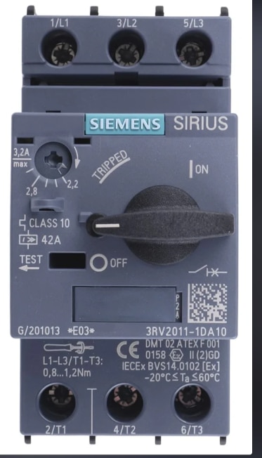 Siemens Sirius 3RV2011-1DA10 Motor Protection Circuit Breaker₹ 700/PieceGet Latest PriceMinimum Order Quantity: 10 PieceCurrent Rating 32AFrequency 50 HzPhase Single PhaseBreaking Capacity 25kANo. Of Poles 3 PolesBrand SiemensModel No. Sirius 3RV2011-1DA10Supports a current rating of 32A, ideal for protecting circuits from overloads in residential, commercial, and light industrial applications.Triple pole configuration enables control and protection of three-phase systems, enhancing safety and operational efficiency in electrical installations.Rated for 50 Hz frequency, ensuring compatibility with standard power supply systems used widely across many regions and applications.Designed for single-phase systems, making it suitable for residential or small-scale commercial setups with limited power demands.Breaking capacity of 25kA allows the breaker to safely interrupt high fault currents without damage, ensuring system protection and reliability.