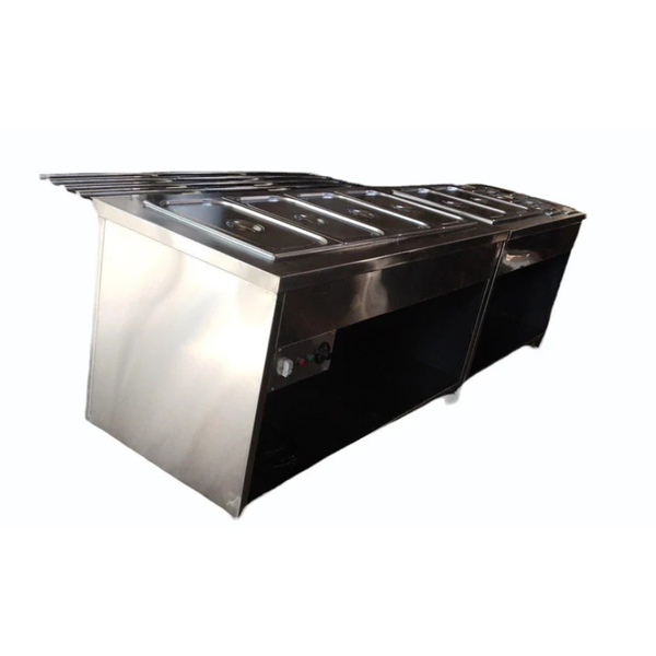 Shree Chamunda Engineering Works – Manufacturer of Hot Bain Marie & Salad CounterShree Chamunda Engineering Works is a trusted manufacturer of high-quality Hot Bain Marie & Salad Counters, designed to meet the demands of commercial kitchens, hotels, restaurants, and catering businesses. These products are crafted with precision, ensuring durability, efficient performance, and hygiene compliance.1. Hot Bain Marie – Technical DescriptionA Hot Bain Marie is a food-warming equipment designed to keep prepared dishes at the optimal serving temperature without overcooking or burning. It is commonly used in buffets, catering services, and commercial kitchens.Technical Specifications:Material: Stainless Steel (SS 304 / SS 202) for corrosion resistance and durability.Capacity: Available in 2, 3, 4, or 5 pan configurations, customizable as per requirement.Heating Mechanism: Uses an electric immersion heater or gas heating system for consistent warmth.Temperature Control: Adjustable thermostatic control (30°C - 110°C) for precise heat management.Water Tank: Equipped with a deep water reservoir for indirect heating, preventing food from drying out.Design:Freestanding or countertop models available.Sliding glass covers or open-top models for easy access.Drip trays for easy maintenance.Power Supply: 220V / 50Hz (customized as per regional requirements).Mobility: Available with castor wheels for easy movement in commercial setups.Usage: Ideal for keeping gravies, soups, sauces, rice, and curries warm for extended periods.