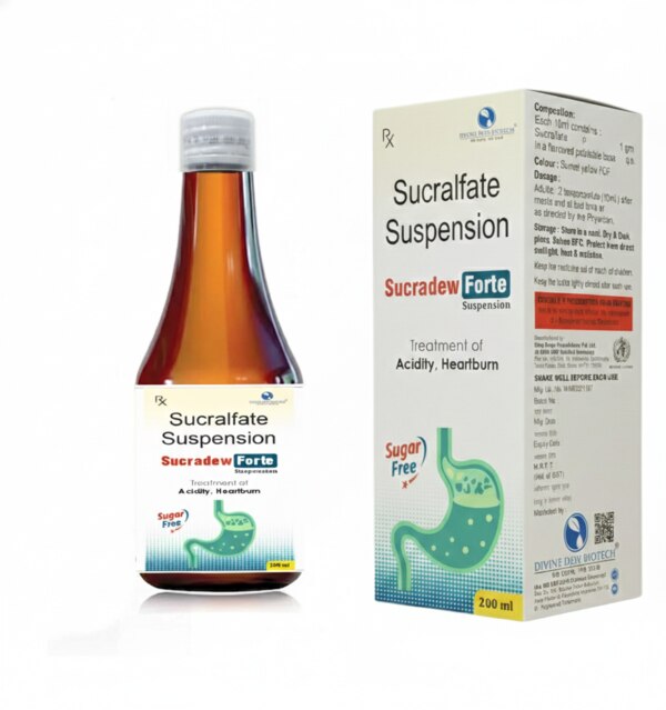 Sucradew Forte Suspension is a sugar-free Sucralfate oral suspension formulated to provide effective relief from acidity, heartburn, and gastric irritation. It works by forming a protective coating over the stomach and intestinal lining, helping shield damaged tissues from stomach acid, bile salts, and digestive enzymes. This promotes healing of ulcers and reduces discomfort associated with acid-related disorders.The suspension is gentle on the stomach, easy to swallow, and suitable for patients requiring long-term gastric protection. Its sugar-free formulation makes it appropriate for diabetic patients when used under medical supervision.