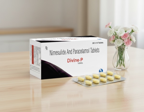 Divine-P Tablets is a carefully formulated combination of Nimesulide 100 mg and Paracetamol 325 mg, designed to provide fast, effective, and reliable relief from pain, inflammation, and fever. This dual-action therapy works synergistically to address both the underlying inflammatory process and the associated discomfort, making it suitable for a wide range of acute painful conditions.Nimesulide is a non-steroidal anti-inflammatory drug (NSAID) that selectively inhibits cyclo-oxygenase enzymes involved in the production of prostaglandins—chemical mediators responsible for pain, swelling, and inflammation. By reducing prostaglandin synthesis, Nimesulide helps relieve inflammatory pain and swelling efficiently.Paracetamol, on the other hand, acts centrally to reduce fever and alleviate mild to moderate pain. It enhances the overall analgesic effect of the formulation while helping control elevated body temperature.The combination ensures comprehensive symptom relief, particularly in conditions where both inflammation and fever are present. Divine-P Tablets are commonly prescribed for short-term use in the management of headaches, dental pain, musculoskeletal pain, joint pain, post-operative pain, menstrual discomfort, and fever associated with infections such as cold and flu.Each uncoated tablet is manufactured under strict quality standards to ensure safety, stability, and therapeutic effectiveness. The medicine should be taken exactly as directed by a registered medical practitioner, typically after meals to minimize gastric discomfort.Because Nimesulide may affect liver function if used for prolonged periods, Divine-P is generally recommended for short-duration therapy only. Patients with liver, kidney, or heart conditions should use this medication strictly under medical supervision. It is not intended for use in children below 12 years of age unless specifically advised by a physician.For best results, store the tablets in a cool, dry, and dark place below 25°C, protected from moisture and direct sunlight. Keep out of reach of children.
