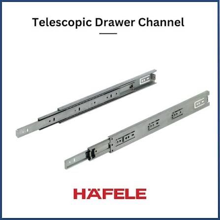 Hafele offers a range of telescopic channels (drawer slides), primarily featuring full extension, side mounting, and various load capacities and closing mechanisms to suit different furniture needs. They are made from durable steel with a corrosion-resistant finish. Key FeaturesHafele telescopic channels are designed for a variety of applications including cabinets, drawers, and wire baskets in kitchens, offices, and wardrobes. Extension Type: Most models offer full extension, allowing for complete access to the entire drawer space.Mounting Type: They are primarily designed for side mounting.Material and Finish: Constructed from steel (mild or galvanized), they feature finishes like zinc plating or black electroplating for durability and rust resistance.Mechanism: A ball-bearing mechanism ensures smooth and quiet operation, even under heavy loads.Load Capacity: Capacities vary by product line, typically ranging from 30 kg to 45 kg per pair. Available TypesHafele categorizes its channels based on the closing mechanism: Regular Close: These are standard channels that close manually. They often have a 