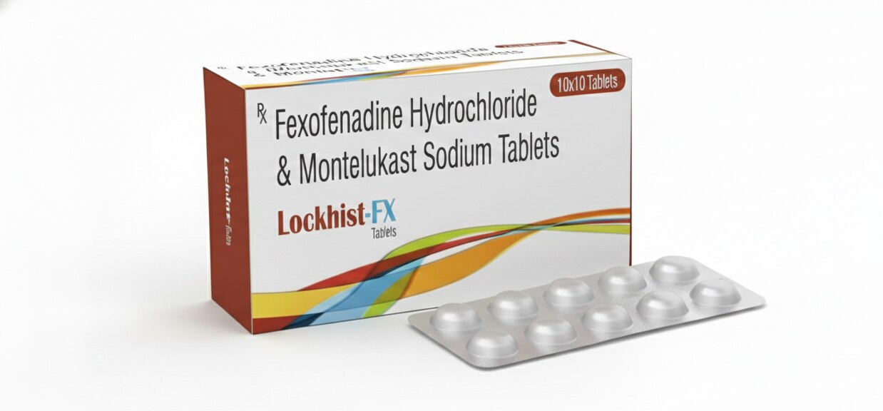 Lockhist-FX Tablets are a combination anti-allergic medication formulated with Fexofenadine Hydrochloride and Montelukast Sodium, designed to provide effective relief from allergic conditions. This dual-action formula works by targeting both histamine and leukotriene pathways, helping to control a wide range of allergy symptoms.Fexofenadine Hydrochloride is a non-drowsy antihistamine that blocks the action of histamine, a substance in the body responsible for allergic symptoms such as sneezing, runny nose, watery eyes, and itching. Montelukast Sodium is a leukotriene receptor antagonist that reduces inflammation and prevents airway constriction, making it especially beneficial in allergic rhinitis and allergy-associated respiratory symptoms.