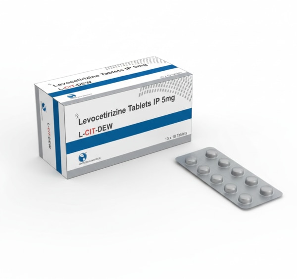 L-CIT-DEW contains Levocetirizine Hydrochloride IP 5 mg, a modern, non-sedating antihistamine used for effective relief from allergic conditions. It works by blocking histamine (a natural substance produced during allergic reactions), thereby reducing symptoms such as sneezing, runny nose, watery eyes, itching, and skin rashes.Formulated as a film-coated tablet, L-CIT-DEW provides fast and long-lasting relief from seasonal and perennial allergic rhinitis as well as chronic urticaria (hives). The medication is known for its improved safety profile and minimal drowsiness compared to older antihistamines, making it suitable for daily use under medical supervision.Manufactured under WHO-GMP certified standards, L-CIT-DEW ensures high quality, safety, and efficacy.