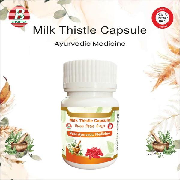 MILK THISTLE MILK THISTLE (Silybum marianum L.) The Liver-Protective Herb — “Marian Thistle”Milk Thistle, known scientifically as Silybum marianum, is a medicinal herb traditionally used for liver protection, detoxification, and rejuvenation. Rich in flavonolignans (silymarin), antioxidants, and phytonutrients, it is considered beneficial for liver health, digestion, metabolism, and overall vitality. CLASSICAL AYURVEDIC REFERENCESWhile Milk Thistle is not mentioned in classical Indian Ayurvedic granthas directly, modern Ayurvedic scholars equate its properties with “Yogavahi, Hridya, Yakrutya” (liver-protective, circulatory supportive, and rejuvenative herbs). Its actions are aligned with Rasayana therapy and digestive tonics described in:1. Charaka Samhita (Kalpa Sthana) – Herbs with Hepatoprotective and Pitta-hara properties are recommended for liver disorders, digestion, and detoxification.2. Sushruta Samhita (Chikitsa Sthana) – Herbs with Tikta-Rasa (bitter taste) and Sheeta Virya (cooling potency) are advised to purify the blood and support liver function.3. Bhavaprakasha Nighantu – Mentions Tikta-Medhya-Virechana herbs, comparable in modern research to Milk Thistle for detoxification, antioxidant, and rejuvenative effects.Classical Story / Analogy:Ayurvedic scholars often compare Milk Thistle to a “guardian herb of the liver”, like a protector of vital channels. Its scientific name “marianum” comes from the legend of the Virgin Mary: the white veins on the leaves were said to represent milk spilled from her breast, symbolizing nourishment and protection. In Ayurveda, it is considered a Rasayana for the Yakrut (liver), Medhya (intellect), and Ojas (vitality). BOTANICAL INFORMATION OF MILK THISTLE• Scientific Name: Silybum marianum (L.) Gaertn.• Family: Asteraceae• Order: Asterales• Genus: Silybum• Species: marianum• Common Names:o Sanskrit: Kshirakakoli (in modern Ayurvedic texts)o English: Milk Thistle, Marian Thistleo Hindi: Kshirakakolio Tamil: Pappal Thistleo Telugu: Kshirakakolio Malayalam: Ksheerakakolio Kannada: Ksheera Thistleo Bengali: Kshirakakoli SYNONYMS IN MODERN AYURVEDIC NIGHANTUS• Bhavaprakasha Nighantu (modern Ayurvedic adaptations): Silybum marianum – Yakrutya, Rasayana, Medhya• Charaka & Sushruta adaptations: Herbs with Tikta Rasa, Sheeta Virya, and Yakrutya karma MORPHOLOGY OF MILK THISTLE• Plant Type: Biennial or annual herb• Height: 1–2 m• Leaves: Large, spiny, green with white veins• Flowers: Purple, thistle-like, solitary or clustered• Fruit / Seeds: Oval, brown to black, contain oil-rich seeds• Seeds: Rich in silymarin flavonolignans, hepatoprotective compounds ECOLOGICAL PREFERENCES• Climate: Temperate to Mediterranean• Soil: Well-drained, fertile, loamy soil• Habitat: Dry, sunny areas, wastelands, grasslands• Altitude: Sea level to 1,800 m GEOGRAPHICAL DISTRIBUTION• India: Himachal Pradesh, Uttarakhand, Jammu & Kashmir• Outside India: Mediterranean region, Europe, North America CLASSICAL AYURVEDIC PROPERTIES (RASA–GUNA–VIRYA–VIPAKA)• Rasa (Taste): Tikta (bitter), Katu (pungent)• Guna (Qualities): Laghu (light), Ruksha (dry)• Virya (Potency): Sheeta (cooling)• Vipaka (post-digestive effect): Katu (pungent)• Dosha Effects: Pitta-Vata hara, supports Kapha balance in moderation THERAPEUTIC ACTIONS (KARMA)1. Yakrutya / Hepatoprotective: Protects liver cells, supports detoxification2. Rasayana / Rejuvenative: Supports vitality, Ojas, and metabolic health3. Medhya: Enhances memory and cognitive function4. Hridya: Mild circulatory and heart support5. Virechana / Detoxifying: Promotes gentle bowel movement and purification6. Kapha-Vata Samana: Reduces digestive sluggishness, supports metabolism INDICATIONS• Liver disorders, hepatitis, fatty liver, detoxification• Digestive sluggishness, mild constipation• Metabolic syndrome, obesity• Cardiovascular support• Fatigue, cognitive support MODERN PHARMACOLOGY & PHYTOCHEMISTRY• Major Constituents: Silymarin (silybin, silychristin, silydianin), flavonoids, polyphenols, fatty acids, vitamins E & C• Pharmacological Actions: Hepatoprotective, antioxidant, anti-inflammatory, mild hypoglycemic, lipid-lowering, neuroprotective CULTIVATION DETAILS• Propagation: Seeds• Sowing Time: Spring (Feb–April)• Spacing: 30–50 cm between plants• Irrigation: Moderate; drought-tolerant once mature• Fertilization: Organic manure preferred• Harvesting: Seeds harvested when brown and dry CLASSICAL DOSAGE (According to Ayurvedic Adaptation & Modern Herbal Use)• Powdered Seeds (Churna): 2–5 g/day• Capsule / Extract: 150–300 mg twice daily• Decoction / Tea: 1–2 cups/day for liver support MILK THISTLE FORMULATIONS – BHARTIYA AYURVEDIC PHARMACYBhartiya Ayurvedic Pharmacy prepares Milk Thistle Capsules and extracts following Ayurvedic principles adapted for modern use. Each product retains hepatoprotective, antioxidant, and rejuvenative properties, promoting liver health, metabolic balance, and overall vitality.Key Uses of Milk Thistle Formulations:• Liver support and detoxification• Digestive health and mild bowel regulation• Metabolic and cardiovascular support• Rasayana for vitality, endurance, and rejuvenation MILK THISTLE CAPSULEBhartiya Ayurvedic Pharmacy offers Milk Thistle Capsules prepared from premium quality Silybum marianum seeds or extract, preserving full therapeutic properties.Key Benefits:• Supports liver detoxification and hepatoprotection• Enhances metabolism and digestive health• Provides antioxidant and rejuvenative effects• Supports cardiovascular and metabolic function• Acts as a Rasayana for overall vitalityDosage:• Adults: 1–2 capsules twice daily with warm water• Can be combined with warm water or milk for enhanced effectSafety & Precautions:• Safe for long-term use when taken as per dosage• Mild laxative effect may occur in sensitive individuals• Avoid in cases of severe bile duct obstruction without consulting a physicianFormulation Highlights:• 100% natural Milk Thistle seed powder/extract• Free from artificial colours, preservatives, and additives• Prepared using modern Ayurvedic processing methods to preserve therapeutic qualitiesSuggested Use:• Ideal for adults seeking liver support, detoxification, and Rasayana effects• Convenient capsule form for daily Ayurvedic supplementation
