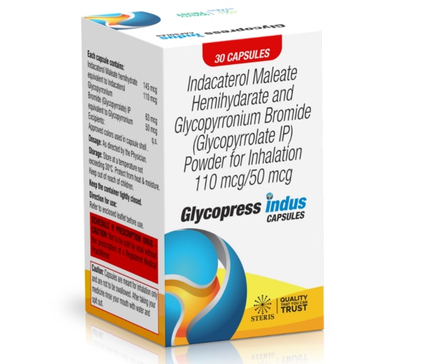 GLYCOPRESS INDUS™ is a modern dual bronchodilator therapy formulated with Indacaterol Maleate and Glycopyrronium Bromide, designed for the long-term maintenance treatment of chronic obstructive pulmonary disease (COPD). This advanced inhalation formulation combines two complementary mechanisms of action to deliver sustained airway relaxation, improved lung function, and enhanced breathing comfort.COPD is a progressive respiratory condition characterized by airflow limitation, chronic inflammation, and episodes of breathlessness. Effective management requires consistent bronchodilation to keep the airways open and reduce daily symptoms. GLYCOPRESS INDUS™ addresses this need through a once-daily maintenance approach that targets airway narrowing through dual pharmacological pathways.Manufactured under strict quality standards, GLYCOPRESS INDUS™ ensures reliable dosing, stability, and optimal pulmonary delivery when used with the recommended inhalation device. It is intended for regular use and not for the treatment of sudden breathing emergencies.Composition and Mechanism of ActionGLYCOPRESS INDUS™ combines two long-acting bronchodilators:1. Indacaterol Maleate (Long-Acting Beta2-Agonist – LABA)Indacaterol stimulates beta2-adrenergic receptors located in the smooth muscles of the airways. Activation of these receptors causes the muscles to relax, resulting in bronchodilation. This effect:Reduces airway resistanceImproves airflowDecreases breathlessnessSupports 24-hour bronchodilationIndacaterol is known for its rapid onset and prolonged duration of action, making it effective for once-daily therapy.2. Glycopyrronium Bromide (Long-Acting Muscarinic Antagonist – LAMA)Glycopyrronium blocks muscarinic receptors in the bronchial smooth muscles. These receptors normally respond to acetylcholine, which causes airway constriction. By inhibiting this response, glycopyrronium:Prevents bronchospasmReduces airway tighteningPromotes sustained airway relaxationDual-Action AdvantageThe combination of LABA and LAMA in GLYCOPRESS INDUS™ provides enhanced bronchodilation compared to either agent alone. While indacaterol actively relaxes airway muscles, glycopyrronium prevents them from tightening. This complementary action ensures comprehensive and sustained airway management.Indications and UsesGLYCOPRESS INDUS™ is indicated for:Maintenance treatment of chronic obstructive pulmonary disease (COPD)Chronic bronchitis managementEmphysema managementLong-term airflow limitation therapyIt is important to understand that GLYCOPRESS INDUS™:Is not a rescue inhalerShould not be used for sudden acute bronchospasmIs not intended for primary asthma treatment unless prescribed by a physicianPatients should always keep a short-acting bronchodilator available for emergency relief.Key Benefits of GLYCOPRESS INDUS™1. Once-Daily Dosing ConvenienceGLYCOPRESS INDUS™ is formulated for once-daily administration, improving adherence and simplifying treatment routines.2. Dual Bronchodilation for Superior Airway ControlThe LABA + LAMA combination provides broader and more effective airway relaxation compared to single-agent therapy.3. Rapid Onset with Sustained EffectIndacaterol provides quick bronchodilation, while glycopyrronium maintains airway openness for up to 24 hours.4. Improved Lung FunctionRegular use can enhance lung performance parameters, such as improved airflow measurements and reduced air trapping.5. Reduced BreathlessnessPatients may experience decreased shortness of breath during physical activities, leading to greater independence.6. Lower Frequency of COPD ExacerbationsConsistent airway maintenance can help reduce the likelihood of flare-ups and hospital visits.7. Enhanced Quality of LifeBetter breathing control contributes to improved sleep, increased exercise tolerance, and overall well-being.Dosage and AdministrationGLYCOPRESS INDUS™ should be used exactly as prescribed by a healthcare professional.General Administration Guidelines:Use once daily at the same time each day.Inhale using the provided inhalation device.Do not swallow capsules (if capsule-based system).Do not exceed the recommended dose.Follow inhaler technique instructions carefully.Proper inhalation technique is essential for effective drug delivery. Healthcare providers should demonstrate correct usage during initial prescription.Possible Side EffectsWhile GLYCOPRESS INDUS™ is generally well tolerated, some individuals may experience side effects.Common Side EffectsDry mouthCoughThroat irritationHeadacheNasal congestionMild tremorDizzinessThese symptoms are often mild and may diminish with continued use.Cardiovascular EffectsDue to the beta2-agonist component (indacaterol), some patients may experience:Increased heart ratePalpitationsMild fluctuations in blood pressurePatients with pre-existing heart conditions should consult their physician before starting therapy.Anticholinergic Effects (from Glycopyrronium)Difficulty urinatingBlurred visionWorsening of narrow-angle glaucomaIndividuals with urinary retention or glaucoma should use caution.Rare but Serious ReactionsParadoxical bronchospasm (worsening breathing immediately after inhalation)Severe allergic reactionsSignificant cardiac rhythm disturbancesImmediate medical attention should be sought if severe reactions occur.Precautions and WarningsBefore starting GLYCOPRESS INDUS™, inform your healthcare provider if you have:Cardiovascular diseaseArrhythmiasHypertensionHyperthyroidismDiabetesSeizure disordersGlaucomaProstate enlargementKidney impairmentDrug InteractionsCaution is required when using:Other long-acting beta2-agonistsOther anticholinergic medicationsBeta-blockersDiureticsCertain antidepressants (e.g., MAO inhibitors)Always provide a complete list of medications and supplements to your healthcare provider.Who Should Use GLYCOPRESS INDUS™?GLYCOPRESS INDUS™ is ideal for:Adults with moderate to severe COPDPatients not adequately controlled on single bronchodilator therapyIndividuals seeking a once-daily maintenance inhalerPatients requiring dual bronchodilation for improved symptom controlIt is not typically recommended for pediatric patients unless specifically directed by a healthcare professional.Integrating GLYCOPRESS INDUS™ into COPD ManagementFor optimal results, GLYCOPRESS INDUS™ should be part of a comprehensive COPD management plan that includes:Smoking cessationPulmonary rehabilitation programsRegular physical activityBalanced nutritionScheduled medical follow-upsAdherence to therapy and routine monitoring significantly improve long-term outcomes.Storage InstructionsStore at room temperatureProtect from moisture and direct sunlightKeep in original packaging until useKeep out of reach of childrenConclusionGLYCOPRESS INDUS™ (Indacaterol Maleate + Glycopyrronium Bromide) is a powerful dual bronchodilator designed to provide sustained airway control in individuals living with chronic obstructive pulmonary disease. By combining a long-acting beta2-agonist and a long-acting muscarinic antagonist, it offers comprehensive bronchodilation through two complementary pathways.