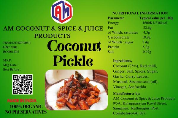 AM Spicy & Tasty Coconut Pickle is a premium-quality pickle made from carefully selected fresh coconut pieces blended with authentic traditional spices. Crafted using a time-honored recipe, it delivers a rich, spicy, and aromatic flavor that perfectly complements everyday meals. The natural sweetness of coconut combines beautifully with handpicked spices to create a bold and satisfying taste experience.
Prepared under strict hygienic processing standards, this pickle ensures purity, safety, and consistent quality in every jar. High-quality edible oil and balanced seasoning help preserve freshness while maintaining its thick, flavorful texture. Free from artificial colors and unnecessary additives, AM Coconut Pickle offers a wholesome and authentic homemade-style taste.
Perfectly suited for rice, dosa, idli, chapati, and curd rice, this delicious pickle enhances any meal with just a small serving. With its traditional flavor, premium ingredients, and hygienic preparation, AM Spicy & Tasty Coconut Pickle is a delightful addition to every kitchen.