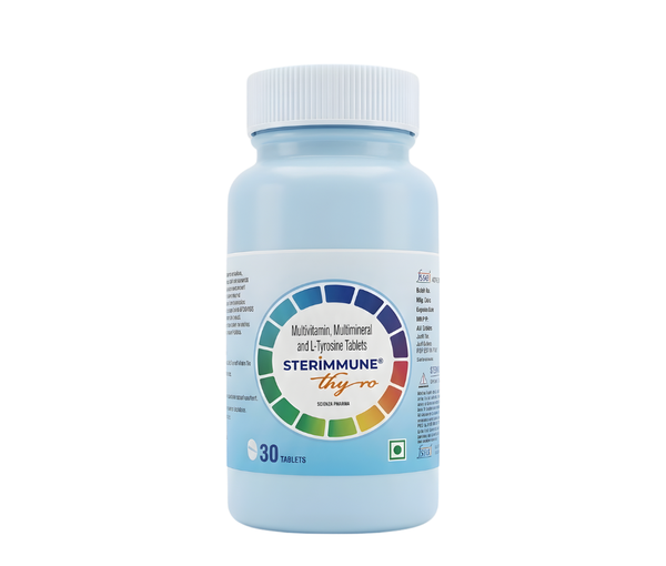 STERIMMUNE THYRO is a thoughtfully formulated nutritional supplement designed to support thyroid health, immune resilience, metabolic balance, and overall vitality. Combining a powerful blend of essential multivitamins, multiminerals, and the amino acid L-Tyrosine, this advanced formula is crafted for individuals seeking comprehensive nutritional support in today’s fast-paced lifestyle.Modern diets, environmental stressors, and irregular routines can often leave the body depleted of critical nutrients. STERIMMUNE THYRO helps bridge these nutritional gaps and provides targeted support for thyroid function, energy production, cognitive performance, and immune defense — all in one convenient tablet.Product OverviewSTERIMMUNE THYRO is a premium health supplement that integrates:Essential Multivitamins – Including key vitamins such as Vitamin A, B-complex vitamins, Vitamin C, Vitamin D, and Vitamin E.Vital Multiminerals – Including zinc, selenium, iodine, magnesium, iron, and other trace minerals.L-Tyrosine – A non-essential amino acid that plays a crucial role in the production of thyroid hormones and neurotransmitters.Together, these nutrients work synergistically to promote metabolic harmony, support hormonal balance, strengthen immunity, and enhance mental clarity.How STERIMMUNE THYRO Works1. Supports Thyroid FunctionThe thyroid gland requires specific nutrients to function properly. Minerals such as iodine and selenium are essential for the synthesis and regulation of thyroid hormones. L-Tyrosine serves as a building block for thyroxine (T4) and triiodothyronine (T3), the primary hormones responsible for regulating metabolism.By supplying these vital components, STERIMMUNE THYRO helps maintain optimal thyroid activity and supports healthy metabolic processes.2. Enhances Energy ProductionB-complex vitamins play a critical role in converting carbohydrates, fats, and proteins into usable energy. Individuals experiencing fatigue, sluggishness, or low stamina may benefit from consistent nutritional support.STERIMMUNE THYRO assists in reducing tiredness and promoting sustained energy throughout the day.3. Boosts Immune DefenseVitamins C, D, and E, along with zinc and selenium, contribute significantly to immune function. These nutrients help protect cells from oxidative stress and support the body’s natural defense mechanisms.Regular supplementation may help strengthen immunity and improve resilience against common infections.4. Improves Cognitive Function and MoodL-Tyrosine is a precursor to important neurotransmitters such as dopamine, norepinephrine, and epinephrine. These chemicals are responsible for mood regulation, mental alertness, and stress response.By supporting neurotransmitter synthesis, STERIMMUNE THYRO may help enhance focus, memory, and emotional balance.5. Promotes Hair, Skin, and Nail HealthDeficiencies in vitamins and minerals can lead to brittle nails, dull hair, and dry skin. The combination of antioxidants, biotin, zinc, and other essential nutrients helps maintain healthy skin texture, stronger hair, and overall aesthetic well-being.Key Benefits of STERIMMUNE THYROSupports healthy thyroid hormone productionHelps regulate metabolism naturallyEnhances physical energy and staminaReduces fatigue and weaknessStrengthens immune functionImproves mental focus and claritySupports stress managementPromotes healthy hair, skin, and nailsHelps maintain overall nutritional balanceRecommended UsageSTERIMMUNE THYRO tablets are typically taken once daily after meals or as directed by a healthcare professional. Consistent use is recommended for optimal results.It is important to follow the dosage guidelines provided on the packaging or prescribed by a medical expert, particularly for individuals with existing thyroid conditions.Who Can Benefit from STERIMMUNE THYRO?Individuals with increased nutritional demandsPeople experiencing fatigue or low energyThose seeking thyroid supportIndividuals with stress-related mental exhaustionAdults aiming to strengthen their immune systemPeople with dietary gaps or restrictive eating patternsPossible Side EffectsSTERIMMUNE THYRO is generally well tolerated when taken as directed. However, like all nutritional supplements, some individuals may experience mild side effects.Possible side effects may include:Mild gastrointestinal discomfortNausea if taken on an empty stomachHeadache in sensitive individualsRestlessness (rare, due to L-Tyrosine)Allergic reactions in case of ingredient sensitivityExcessive intake of vitamins or minerals beyond recommended doses may lead to toxicity. Therefore, it is important not to exceed the suggested dosage.PrecautionsIndividuals with diagnosed thyroid disorders should consult a healthcare provider before use.Pregnant or breastfeeding women should seek medical advice prior to supplementation.Those taking thyroid medications should avoid self-adjusting doses and consult their physician.People with hypertension or psychiatric conditions should use cautiously due to L-Tyrosine content.Storage InstructionsStore in a cool, dry place away from direct sunlight.Keep out of reach of children.Ensure the container is tightly closed after use.Why Choose STERIMMUNE THYRO?STERIMMUNE THYRO stands out because of its comprehensive approach. Rather than offering isolated nutrients, it delivers a balanced formula that supports multiple body systems simultaneously.Its unique combination of multivitamins, multiminerals, and L-Tyrosine makes it especially suitable for individuals who need:Thyroid nutritional supportDaily immune protectionEnhanced metabolic functionImproved cognitive performanceOverall vitality and wellnessBy addressing root nutritional deficiencies, STERIMMUNE THYRO promotes holistic well-being rather than temporary symptom relief.ConclusionIn today’s demanding world, maintaining optimal thyroid function, strong immunity, and consistent energy levels is essential for a productive and healthy life. Nutritional deficiencies and stress can compromise these vital systems, leading to fatigue, weakened immunity, and hormonal imbalance.