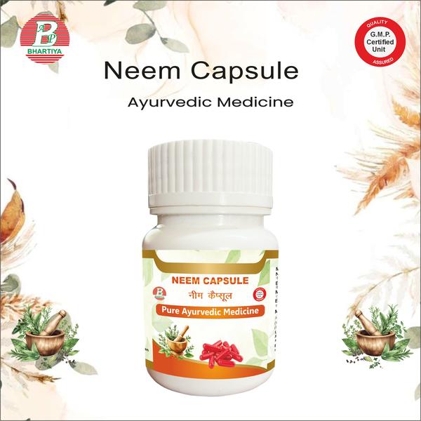 
                      NEEM (Azadirachta indica A. Juss.) 
                                The Divine Medicinal Tree — “Nimba” (The Bitter Guardian)
Neem, known as Nimba in Sanskrit, is one of the most revered medicinal trees in Ayurveda. Celebrated for its antimicrobial, blood-purifying, and detoxifying properties, it has been used since Vedic times for health, hygiene, and longevity. Neem is considered a Pittashamaka and Rasayana, supporting immunity, skin, liver, and overall vitality. Classical texts praise Neem as the “Sarva Roga Nivarini” — capable of preventing or alleviating multiple diseases.

 BOTANICAL INFORMATION OF NEEM
•	Scientific Name: Azadirachta indica A. Juss.
•	Synonyms: Melia azadirachta L., Nimba
•	Family: Meliaceae
•	Order: Sapindales
•	Genus: Azadirachta
•	Species: indica
•	Common Names:
o	Sanskrit: Nimba, Nimbaka, Arishta, Sarva Roga Nivaraka
o	Hindi: Neem
o	English: Indian Lilac
o	Tamil: Veppam, Vembu
o	Telugu: Vepa
o	Malayalam: Veppu, Vempu
o	Kannada: Bevu
o	Marathi/Gujarati: Neem
 SYNONYMS IN CLASSICAL AYURVEDIC TEXTS
•	Charaka Samhita: Nimba, Sarvoshadhi
•	Sushruta Samhita: Nimb, Raktaprasadaka
•	Bhavaprakasha Nighantu: Nimba, Arishta, Sarva Roga Nivaraka
•	Dhanvantari Nighantu: Nimba, Raktashodhaka
Neem is traditionally associated with blood purification, detoxification, longevity, and prevention of skin and systemic disorders.

 MORPHOLOGY OF NEEM
•	Tree: Medium to large deciduous, height 15–20 m, spreading crown
•	Bark: Grey-brown, rough, longitudinal fissures
•	Leaves: Pinnate, 20–40 cm long, leaflets 20–30 pairs, ovate-lanceolate, serrated margins
•	Flowers: Small, white, fragrant, axillary panicles
•	Fruit: Drupe, ovoid, green turning yellow on ripening, 1–2 cm long, bitter-sweet
•	Seed: One hard seed per fruit
 ECOLOGICAL PREFERENCES
•	Climate: Tropical and subtropical, drought-resistant
•	Soil: Adaptable to a range of soils, grows well in poor, sandy, or rocky soil
•	Habitat: Open forests, village groves, roadsides
•	Altitude: Sea level to 1,500 m
 GEOGRAPHICAL DISTRIBUTION
•	India: Widely distributed, majorly in Rajasthan, Gujarat, Maharashtra, Tamil Nadu, Karnataka, Andhra Pradesh
•	Outside India: Myanmar, Bangladesh, Pakistan, Southeast Asia, tropical Africa
 CLASSICAL AYURVEDIC PROPERTIES (RASA–GUNA–VIRYA–VIPAKA)
•	Rasa (Taste): Tikta (bitter), Kashaya (astringent)
•	Guna (Qualities): Laghu (light), Ruksha (dry)
•	Virya (Potency): Śīta (cooling)
•	Vipaka (post-digestive effect): Katu (pungent)
•	Dosha Effects: Tridoshaghna, especially Pittahara and Kapha-shamaka
 THERAPEUTIC ACTIONS ACCORDING TO AYURVEDA (KARMA)
1.	Raktashodhaka: Purifies blood, detoxifying
2.	Kushthaghna: Treats skin disorders, eczema, acne, leprosy
3.	Jwaraghna: Antipyretic, reduces fever
4.	Kaphapittahara: Balances doshas, reduces inflammation
5.	Kantya / Keshya: Promotes hair and skin health
6.	Dantya: Oral hygiene, treats dental infections and gingivitis
7.	Vrishya: Enhances reproductive health and vitality
8.	Vishaghna: Anti-parasitic, kills microbes and intestinal worms
 INDICATIONS
•	Skin & Hair: Acne, eczema, psoriasis, dandruff, hair fall
•	Digestive System: Dyspepsia, constipation, intestinal worms
•	Metabolism & Immunity: Detoxification, immunity enhancement
•	Oral Health: Gingivitis, dental caries, halitosis
•	Blood Disorders: Purifies blood, improves circulation
•	Fever & Infections: Malaria, viral infections, minor fevers
 MODERN PHARMACOLOGY & PHYTOCHEMISTRY
•	Major Constituents: Nimbin, Nimbidin, Azadirachtin, Quercetin, Nimbolide, Flavonoids, Tannins, Vitamins, Minerals
•	Pharmacological Actions:
o	Antibacterial, Antiviral, Antifungal
o	Anti-inflammatory
o	Immunomodulatory
o	Antipyretic
o	Hepatoprotective
o	Antidiabetic
o	Antioxidant
 CULTIVATION DETAILS
•	Propagation: Seeds, stem cuttings
•	Sowing Time: June–July (monsoon)
•	Spacing: 8–10 m between trees
•	Irrigation: Moderate, drought-tolerant once established
•	Fertilization: Organic manure preferred
•	Harvesting: Leaves and fruits collected as required
 CLASSICAL DOSAGE (According to Ayurvedic Granthas)
•	Churna (Powder): 1–3 g
•	Swarasa (Juice): 10–20 ml
•	Kwatha (Decoction): 40–60 ml
•	Avaleha (Paste/Lehyam): 5–10 g
•	Oil (Thaila): Topical for skin and hair
 CLASSICAL AYURVEDIC FORMULATIONS CONTAINING NEEM
1.	Nimbadi Churna – Skin disorders, immunity
2.	Nimbadi Kwatha – Blood purification, fever
3.	Nimbadi Thaila – Hair and scalp treatment
4.	Nimbamrit Rasayana – Rejuvenative, detoxifying
5.	Nimbadi Gutika – Digestive and metabolic support
6.	Nimba Patra Swarasa – Oral health, dental car
 HISTORICAL & CLASSICAL SIGNIFICANCE
•	Neem is referred to as “Divine Tree” in Charaka, Sushruta, and Bhavaprakasha Nighantu.
•	Known as Sarva Roga Nivarini — capable of preventing numerous diseases.
•	In ancient Indian texts, neem twigs were used for dental hygiene, and leaves for blood purification.
•	Used in Rasayana therapy, especially for skin, blood, and immunity-related disorders.
•	In folklore, neem is regarded as sacred and protective, planted near homes for health and well-being.
 NEEM (Azadirachta indica A. Juss.) FORMULATIONS – BHARTIYA AYURVEDIC PHARMACY

Bhartiya Ayurvedic Pharmacy prepares a range of Neem formulations following classical Ayurvedic principles described in Charaka Samhita, Sushruta Samhita, Bhavaprakasha Nighantu, and other Ayurvedic texts. Each product is designed to retain the full blood-purifying, antimicrobial, skin-protective, and immunity-enhancing properties of Neem.

 1. Neem Tablet
Description:
Neem Tablet is a modern, convenient dosage form containing standardized Neem (Azadirachta indica) extract. Ideal for daily use, it supports detoxification, immunity, and skin health.
Key Actions:
•	Tridoshic Rasayana: Balances Vata, Pitta, Kapha
•	Blood purifier and detoxifier
•	Supports skin health and wound healing
•	Digestive and metabolic support
•	Immunity enhancer
Dosage:
•	1–2 tablets twice daily after meals with warm water, or as directed
Precautions:
•	Avoid excessive use in diarrhea or loose stools
•	Pregnant and lactating women should use under supervision
•	Monitor blood sugar in diabetics
 2. Neem Capsule
Description:
Neem Capsule is a convenient, easy-to-swallow form containing concentrated Neem extract. Suitable for those who prefer capsules over tablets or powders.
Key Actions:
•	Antimicrobial, antiviral, and antiparasitic
•	Anti-inflammatory and antioxidant
•	Supports liver function and metabolism
•	Boosts immunity and vitality
Dosage:
•	1–2 capsules twice daily with warm water after meals
Precautions:
•	Avoid overdose
•	Use under supervision if pregnant, lactating, or on anti-diabetic medications
 3. Neem Oil (Taila)
Description:
Neem Oil is a classical Ayurvedic topical preparation, cold-pressed from Neem seeds, used for skin and hair disorders.
Key Actions:
•	Anti-inflammatory and antimicrobial
•	Treats acne, eczema, psoriasis, fungal infections
•	Promotes hair growth and prevents dandruff
•	Soothes itching and skin irritation
Dosage / Usage:
•	Apply externally on affected areas 1–2 times daily
•	Can be mixed with coconut or sesame oil for massage
Precautions:
•	For external use only
•	Avoid contact with eyes
•	Test patch for allergic reactions before extensive use
 4. Nimbadi Churna
Description:
Nimbadi Churna is a classical powdered formulation containing Neem leaves and other synergistic herbs. Used traditionally for skin disorders, fever, blood purification, and digestive support.
Key Actions:
•	Mild laxative and digestive tonic
•	Blood purifier and detoxifying
•	Anti-inflammatory and antimicrobial
•	Supports immunity and metabolic health
Dosage:
•	1–3 g daily with warm water, honey, or ghee, preferably at bedtime or as advised
Precautions:
•	Avoid excessive use leading to loose stools
•	Use under practitioner supervision in elderly, children, or weak patients
•	Monitor blood sugar if diabetic
 SAFETY & PRECAUTIONS
•	Safe for long-term use when taken in classical doses
•	Avoid excessive consumption in dehydration or diarrhea
•	Use cautiously in pregnancy and lactation
•	May reduce blood sugar: monitor if diabetic



ayurveda neem capsule, ayurvedic neem capsule
benefits of neem capsule, best neem capsule
best neem capsules in india, best neem supplement
best organic neem capsules, best time to take neem capsule
can i take neem capsules, can neem be consumed daily
can you take neem capsules everyday, do neem capsules expire
how long can i take neem capsules, how long to take neem capsules
how to make neem capsules at home, how to take neem capsules
is neem capsules good for acne, is neem capsules good for diabetes
is neem capsules good for skin, is neem capsules safe
neem capsule amazon, neem capsule ayurvedic
neem capsule benefits, neem capsule benefits in hindi
neem capsule dosage, neem capsule dp price
neem capsule empty stomach, neem capsule for acne
neem capsule for men, neem capsule for skin
neem capsule hindi, neem capsule hsn code
neem capsule india, neem capsule kab khana chahiye
neem capsule ke fayde, neem capsule khane ke fayde
neem capsule kis kaam aata hai, neem capsule near me
neem capsule online, neem capsule price
neem capsule uses, neem capsule uses in hindi
neem capsules acne, neem capsules benefits
neem capsules benefits for men, neem capsules benefits for skin
neem capsules benefits in hindi, neem capsules blood purifier
neem capsules for acne reviews, neem capsules for hair growth
neem capsules health benefits, neem capsules price online
neem seed capsule