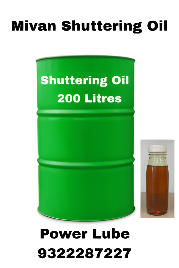 Mivan Shuttering Oil is a high-performance, ready-to-use mould release oil specially formulated for MIVAN and aluminium formwork systems. It ensures clean, smooth, and stain-free concrete surfaces, while protecting the formwork from corrosion and wear.Key Features:- Excellent Release Performance: Prevents concrete from sticking to shuttering, ensuring effortless demoulding.- Superior Concrete Finish: Provides a smooth, uniform, and blemish-free surface.- Corrosion Protection: Creates a thin protective layer that prevents oxidation and rusting on aluminium surfaces.- Easy Application: Can be applied by spray, brush, or cloth — ensuring consistent coverage.- Economical & Efficient: High coverage rate, reducing oil consumption and labour time.Applications:Specially designed for MIVAN and Aluminium formwork systems, precast moulds, and RCC structures requiring high surface finish.Application Area:	ConcreteBase Type:	Oil BasedPackaging Size:	200 LitresUsage/Application:	BrushSuitable For:	Aluminium / MivanPackaging Type:	DrumColor:	Amber/GoldenCoverage:	> 60 sqm/LtrFlash Point:	> 160 °CViscosity at 40°C (cSt):	20-35 cStShelf Life:	12 MonthsMivan Shuttering Oil For Construction Available in 200 Litres Pack At Best Price With Power Lube. Contact Us on 9322287227 For More Details.