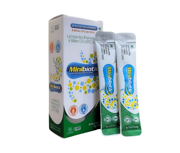 MINIBIOTIC is a high-quality probiotic supplement formulated to support digestive health, strengthen the immune system, and promote overall wellness. Enriched with Lactobacillus rhamnosus GG (6 billion CFU), this product offers clinically studied probiotic strains known for their resilience, safety, and efficacy in restoring gut flora balance. Ideal for adults and children, MINIBIOTIC is a convenient way to support gastrointestinal health, particularly during or after antibiotic therapy.Key IngredientsLactobacillus rhamnosus GG – 6 Billion CFUThis clinically proven probiotic strain is one of the most researched in the world. Known for its ability to survive stomach acidity and reach the intestines alive, it helps in maintaining the balance of beneficial bacteria in the gut.Key BenefitsSupports a healthy and balanced digestive systemHelps relieve diarrhea, especially that caused by antibioticsStrengthens immune function and increases resistance to infectionsAids in reducing symptoms of irritable bowel syndrome (IBS)Promotes nutrient absorption and supports gut lining integrityEnhances gut microbiome health in children and adults alikeHow Does It Work?Lactobacillus rhamnosus GG works by colonizing the gut and competing against harmful bacteria, thereby restoring the natural balance of microflora. It helps strengthen the intestinal barrier, reduce inflammation, and stimulate the immune system. This particular strain has excellent adherence to intestinal cells, ensuring longer-lasting benefits. Its acid and bile resistance allow it to survive harsh digestive conditions and deliver therapeutic effects directly to the intestines.Directions for UseTake one capsule or sachet daily, or as directed by your healthcare providerCan be taken with or without foodFor best results during antibiotic use, consume at least 2 hours before or after taking antibioticsSuitable for both adults and children (consult a pediatrician for dosage adjustments)Side EffectsGenerally well-tolerated and safe for long-term useMild side effects may include bloating or gas in the initial days of useRarely, individuals with compromised immune systems should consult a healthcare provider before useDiscontinue use if any allergic reaction or persistent gastrointestinal discomfort occurs