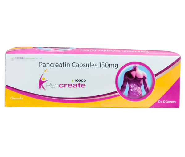 PANCREATE 10000Pancreatin (150mg)PANCREATE 10000 contains Pancreatin (150mg), a combination of enzymes derived from the pancreas. Pancreatin includes enzymes like amylase, lipase, and protease, which play vital roles in digesting carbohydrates, fats, and proteins, respectively.Digestive Support: Pancreatin aids in breaking down food into nutrients, facilitating digestion and absorption. It is beneficial for individuals with pancreatic insufficiency or digestive disorders.Pancreatic Enzyme Replacement Therapy (PERT): Pancreatin is commonly used as PERT in conditions like cystic fibrosis, chronic pancreatitis, and pancreatic cancer, where there's a deficiency of pancreatic enzymes.Improves Nutrient Absorption: By enhancing the breakdown of nutrients, Pancreatin supports better absorption of essential vitamins, minerals, and other nutrients from food.Relief from Digestive Symptoms: It may help alleviate symptoms like bloating, gas, abdominal discomfort, and malabsorption associated with digestive disorders.Dosage and Usage: Pancreatin supplements are typically taken with meals as directed by a healthcare professional. They are available in various strengths, with PANCREATE 10000 providing 150mg of Pancreatin per dose.Precautions: Consult a healthcare provider before using Pancreatin supplements, especially if you have existing medical conditions or are taking other medications. Follow dosage instructions carefully to ensure safety and effectiveness.PANCREATE 10000 with Pancreatin (150mg) is a valuable digestive enzyme supplement that supports optimal digestion and nutrient absorption, promoting overall digestive health.For further information:Email: info@sterispharma.com / contact@sterispharma.comCall/WhatsApp: 7877551268, 7849827488ORDER Now: https://www.sterisonline.com/product/pancreate-10000-133788