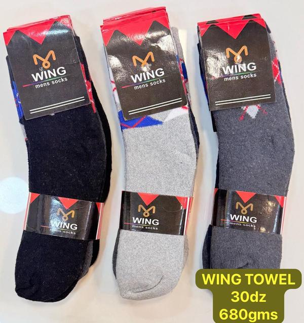 WING TOWEL SOCKSExperience next-level comfort with our premium Wing Towel Socks – designed for softness, support, and style. Made from high-quality cotton towel fabric, these socks provide extra cushioning and sweat absorption for all-day freshness.✨ Key Features:🧦 Soft Towel Fabric – Thick terry cushioning for maximum comfort💨 Breathable & Sweat Absorbent – Keeps feet dry and fresh🪽 Wing Design Pattern – Stylish side wing detailing for a sporty look🔒 Strong Elastic Grip – Perfect fit without slipping👟 Ideal for Sports & Daily Wear – Gym, walking, casual use📦 Product Details:Material: Cotton-rich towel (Terry)Size: Free size / Custom sizes availableColors: Multiple color optionsSeason: All-season wearUpgrade your collection with trendy and comfortable Wing Towel Socks – perfect for active and casual lifestyles.