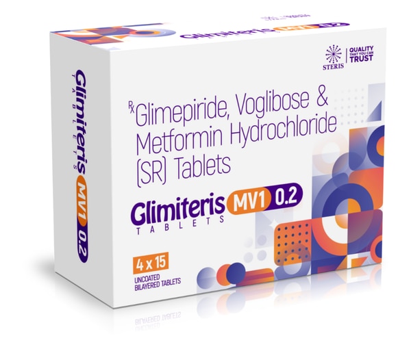 GLIMITERIS MV1 0.2 is an advanced fixed-dose combination (FDC) medication designed for adults with Type 2 Diabetes Mellitus (T2DM) who require more than lifestyle modifications or single/dual therapy to maintain optimal blood sugar levels. This innovative formulation brings together the power of three well-established antidiabetic agents—Glimepiride (1 mg), Voglibose (0.2 mg), and Metformin Hydrochloride SR (500 mg)—to provide comprehensive glycemic control.It is particularly effective for patients struggling with postprandial hyperglycemia, fasting glucose regulation, and HbA1c reduction, making it a preferred choice in cases of poorly controlled diabetes. Mechanism of ActionThe therapeutic benefit of GLIMITERIS MV1 0.2 comes from the unique synergy of its three components, each targeting different aspects of glucose metabolism:1. Glimepiride (1 mg) – SulfonylureaStimulates insulin secretion by activating pancreatic beta cells.Provides a long-lasting effect with comparatively lower hypoglycemia risk than older sulfonylureas.Helps reduce both fasting and postprandial glucose levels.2. Voglibose (0.2 mg) – Alpha-Glucosidase InhibitorDelays the breakdown and absorption of carbohydrates in the intestine.Minimizes post-meal glucose spikes (PPBG).Acts locally in the gut and has minimal systemic absorption, which reduces systemic side effects.3. Metformin Hydrochloride SR (500 mg) – BiguanideDecreases hepatic glucose production (gluconeogenesis).Improves peripheral insulin sensitivity, enhancing glucose uptake in muscles.Does not cause hypoglycemia on its own.The sustained-release (SR) formulation ensures extended control and reduces gastrointestinal side effects. IndicationsGLIMITERIS MV1 0.2 is indicated for:Adults with Type 2 Diabetes Mellitus.Patients inadequately controlled with monotherapy or dual therapy.Management of fasting and postprandial hyperglycemia.Long-term HbA1c reduction as part of a comprehensive diabetes care plan. Key Benefits✅ Comprehensive Blood Sugar Control – Acts on fasting, post-meal, and long-term HbA1c levels.✅ Postprandial Spike Management – Voglibose effectively controls carbohydrate-induced sugar surges.✅ Reduced Pill Burden – Combines three medicines into a single tablet.✅ Lower Hypoglycemia Risk – Metformin and Voglibose balance out Glimepiride’s insulin-secreting effect.✅ Weight Management Support – Metformin may promote modest weight loss or prevent weight gain.✅ Improved Tolerability – SR formulation of Metformin enhances gastrointestinal comfort. Dosage and AdministrationRecommended dose: One tablet once or twice daily with meals, or as directed by the physician.Administration tips:Take with the first bite of a main meal to maximize Voglibose’s effect.Swallow whole with water; do not crush or chew the SR tablet.Dose adjustments: Based on blood sugar monitoring, clinical response, and renal/hepatic function. ContraindicationsGLIMITERIS MV1 0.2 is not suitable for patients with:Type 1 diabetes or diabetic ketoacidosis.Severe renal impairment (eGFR <30 mL/min/1.73 m²).Hepatic dysfunction.Severe gastrointestinal diseases.History of lactic acidosis.Hypersensitivity to Glimepiride, Voglibose, or Metformin.Pregnancy and lactation (unless strictly advised by a physician). Warnings and PrecautionsHypoglycemia: Risk is higher when combined with other antidiabetics or with missed meals.Lactic Acidosis: A rare but life-threatening effect of Metformin—renal function monitoring is essential.GI Side Effects: Voglibose and Metformin may cause bloating, flatulence, or diarrhea (usually temporary).Vitamin B12 Monitoring: Long-term Metformin use may reduce B12 absorption.Liver and Kidney Function: Regular monitoring is recommended for safe long-term use. Adverse EffectsCommon:Glimepiride: Mild hypoglycemia, dizziness, slight weight gain.Voglibose: Gas, abdominal discomfort, mild diarrhea.Metformin SR: Nausea, bloating, metallic taste, loose stools.Rare but Serious:Lactic acidosis (from Metformin).Severe hypoglycemia (especially if meals are skipped).Allergic reactions such as rash, itching, or swelling.Elevated liver enzymes.Seek medical attention if symptoms such as rapid breathing, confusion, severe fatigue, or muscle pain occur. Drug InteractionsIncreased hypoglycemia risk: With insulin, beta-blockers, and sulfonylureas.Reduced Metformin efficacy: With corticosteroids, estrogens, and diuretics.Lactic acidosis risk: Higher with alcohol or iodinated contrast agents. 