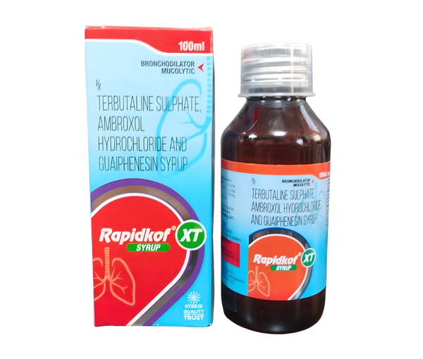 RAPIDKOF XT is a highly effective combination medication that contains Ambroxol, Guaifenesin, and Terbutaline, specifically formulated to provide relief from respiratory tract disorders such as cough, congestion, and bronchial asthma. This triple-action formulation is widely used for managing productive cough, thick mucus accumulation, and airway constriction, offering a comprehensive approach to respiratory care.The synergistic combination of a mucolytic, an expectorant, and a bronchodilator in RAPIDKOF XT ensures effective clearing of mucus, relaxation of bronchial muscles, and easier breathing. This makes it an ideal choice for patients suffering from chronic bronchitis, asthma exacerbations, and respiratory infections with productive cough. By targeting multiple pathways involved in respiratory distress, RAPIDKOF XT provides faster symptomatic relief and supports better lung function.It is essential to use RAPIDKOF XT under medical supervision, as proper dosage and duration are crucial for safe and effective treatment.CompositionEach RAPIDKOF XT tablet or syrup (depending on the formulation) contains:Ambroxol – a mucolytic agent that thins and loosens mucus in the airways.Guaifenesin—an expectorant that promotes the removal of mucus from the respiratory tract.Terbutaline is a bronchodilator that relaxes the smooth muscles of the airways, improving airflow.This combination provides multi-level relief by addressing mucus accumulation, airway constriction, and cough simultaneously.How RAPIDKOF XT WorksThe effectiveness of RAPIDKOF XT lies in its triple-action mechanism:AmbroxolAmbroxol works as a mucolytic agent by breaking down the structure of thick, sticky mucus in the respiratory tract. This action makes it easier for patients to cough up phlegm, reducing airway obstruction and improving oxygen exchange. Ambroxol also enhances the protective function of respiratory mucosa by stimulating surfactant production.GuaifenesinGuaifenesin is an expectorant that promotes the expulsion of mucus from the lungs and bronchi. It increases the volume of secretions while reducing their viscosity, which helps in clearing the airways and alleviating productive cough.TerbutalineTerbutaline is a selective beta-2 adrenergic agonist, a type of bronchodilator. It relaxes the smooth muscles in the airways, leading to widening of the bronchial passages. This action reduces wheezing, shortness of breath, and chest tightness associated with asthma and other obstructive airway conditions.Uses of RAPIDKOF XTRAPIDKOF XT is indicated for various respiratory conditions where mucus accumulation, cough, and airway constriction coexist.1. Productive CoughIt helps patients with thick and sticky phlegm by thinning mucus, making it easier to expel through coughing.2. Chronic and Acute BronchitisRAPIDKOF XT provides relief from inflammation, mucus buildup, and bronchial spasm, improving breathing and reducing discomfort.3. Asthma and BronchospasmTerbutaline in the formulation helps relax constricted airways, making it suitable for patients with asthmatic bronchitis or mild to moderate asthma exacerbations.4. Respiratory Tract InfectionsThe combination aids recovery from viral or bacterial respiratory infections by facilitating mucus clearance and alleviating associated cough and congestion.5. Other Obstructive Pulmonary ConditionsRAPIDKOF XT may be prescribed in conditions such as chronic obstructive pulmonary disease (COPD), where airway obstruction and mucus accumulation are major issues.Key Benefits of RAPIDKOF XTRAPIDKOF XT offers multiple therapeutic benefits due to the synergistic action of its components:Effective Mucus ClearanceAmbroxol and guaifenesin work together to loosen and expel mucus, improving airway patency and reducing cough severity.Relief from BronchospasmTerbutaline relaxes airway muscles, helping patients breathe more easily and reducing wheezing, tightness, and shortness of breath.Symptomatic Relief from CoughThe combination reduces both productive and irritating cough, enhancing comfort and improving sleep quality.Support for Respiratory RecoveryBy facilitating mucus clearance and improving airflow, RAPIDKOF XT supports faster recovery from infections and inflammatory airway conditions.Improved Oxygenation and EnergyBetter airway clearance and bronchodilation allow improved oxygen intake, which enhances overall energy levels and reduces fatigue associated with respiratory distress.Suitable for Both Acute and Chronic ConditionsRAPIDKOF XT can be used in both short-term respiratory infections and long-term management of chronic bronchial conditions, depending on a doctor’s guidance.Recommended Dosage and AdministrationThe dosage of RAPIDKOF XT should always follow medical prescription, and the form of administration (tablet or syrup) may vary depending on the patient’s age and severity of symptoms.Adults: Typically 1 tablet or a measured dose of syrup 2–3 times daily.Children: Dosage should be adjusted according to age and weight as advised by a doctor.Take with water after meals to reduce the risk of stomach upset.Continue the full course as prescribed, even if symptoms improve.Possible Side Effects of RAPIDKOF XTMost patients tolerate RAPIDKOF XT well. However, some individuals may experience mild side effects, and serious reactions, though rare, are possible.Common Side EffectsMild nausea or stomach upsetHeadache or dizzinessTremors (from terbutaline)Palpitations or increased heart rate in sensitive individualsLess Common Side EffectsDry mouth or throat irritationMild rash or skin itchingTemporary restlessness or insomniaRare but Serious Side EffectsSevere allergic reactions (swelling, difficulty breathing)Severe tachycardia or irregular heartbeatLow potassium levels (with prolonged terbutaline use)Severe gastrointestinal discomfortPatients experiencing serious side effects should seek immediate medical attention.Precautions and Safety InformationConsult your doctor if you have heart disease, high blood pressure, diabetes, or thyroid disorders before taking RAPIDKOF XT.Avoid using other stimulants or bronchodilators without medical guidance.Pregnant or breastfeeding women should use the medication only under strict medical supervision.Inform your doctor about all medications being taken to avoid drug interactions.Use with caution in elderly patients due to increased sensitivity to terbutaline.Storage InstructionsStore in a cool, dry place below 30°C.Keep away from direct sunlight, heat, and moisture.Keep out of reach of children.Do not use after the expiration date on the packaging.ConclusionRAPIDKOF XT is a triple-action respiratory medication that combines Ambroxol, Guaifenesin, and Terbutaline to provide comprehensive relief from cough, mucus accumulation, and bronchial constriction. Its unique formulation ensures faster symptomatic relief, improved airway clearance, and enhanced respiratory function.