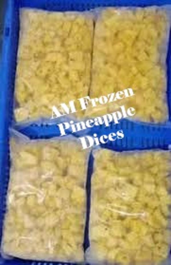 AM Frozen Pineapple Dices are made from carefully selected ripe pineapples, freshly cut and quick frozen to preserve their natural sweetness, color, and nutrients. Processed using hygienic IQF freezing technology, the dices remain fresh, juicy, and ready to use without losing flavor or texture. They are ideal for smoothies, desserts, bakery products, fruit salads, and beverage preparation.Convenient and ready to use, AM Frozen Pineapple Dices save preparation time while ensuring consistent quality in every batch. Free from preservatives and artificial additives, they offer the pure taste of fresh pineapple with long shelf life. Suitable for homes, hotels, restaurants, and food processing industries, this product delivers freshness, quality, and convenience in every pack.