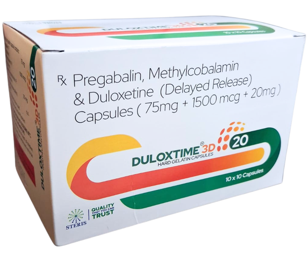 DULOXTIME 3D 20 is a carefully formulated combination capsule used for the management of nerve-related disorders and chronic pain conditions. This advanced formulation combines the therapeutic benefits of Pregabalin, Methylcobalamin, and Duloxetine to provide comprehensive support for nerve health and pain relief. It is commonly prescribed to treat nerve damage and neuropathic pain associated with conditions such as Diabetic Neuropathy, Peripheral Neuropathy, and Chronic Pain Syndrome.Neuropathic pain occurs when nerves become damaged or dysfunctional, leading to symptoms such as burning sensations, tingling, numbness, and sharp shooting pain. These symptoms can significantly impact a person’s quality of life. DULOXTIME 3D 20 works through multiple mechanisms to help reduce nerve pain, support nerve regeneration, and improve overall neurological function.Composition and Mechanism of ActionDULOXTIME 3D 20 contains three active ingredients that work together to provide effective relief from neuropathic pain.PregabalinPregabalin is an anticonvulsant and nerve pain medication that helps control abnormal electrical activity in the nervous system. It works by reducing the release of certain neurotransmitters responsible for pain signaling in the brain and spinal cord. By calming overactive nerves, pregabalin helps decrease pain sensations, tingling, and burning associated with nerve damage.MethylcobalaminMethylcobalamin is an active form of vitamin B12 that plays an essential role in maintaining healthy nerve cells. It supports the regeneration and repair of damaged nerves and improves nerve conduction. This vitamin is especially beneficial in patients suffering from neuropathy caused by vitamin B12 deficiency or long-term nerve damage.DuloxetineDuloxetine belongs to the class of medications known as serotonin-norepinephrine reuptake inhibitors (SNRIs). It works by increasing the levels of serotonin and norepinephrine in the brain, which helps regulate pain signals and improve mood. Duloxetine is widely used for managing chronic nerve pain and emotional symptoms associated with long-term pain conditions.The combination of these three components makes DULOXTIME 3D 20 a powerful therapy for nerve-related disorders by addressing pain, nerve damage, and neurotransmitter imbalance simultaneously.Uses of DULOXTIME 3D 20DULOXTIME 3D 20 capsules are commonly prescribed for the treatment and management of several nerve-related conditions.Diabetic NeuropathyOne of the most common complications of diabetes is nerve damage. Patients may experience burning pain, numbness, or tingling in their hands and feet. DULOXTIME 3D 20 helps reduce these symptoms and improves nerve function.Peripheral NeuropathyPeripheral neuropathy refers to damage to the peripheral nerves, often resulting in pain, weakness, and loss of sensation. The combined action of pregabalin, methylcobalamin, and duloxetine helps relieve discomfort and supports nerve recovery.Chronic Neuropathic PainPatients suffering from long-term nerve pain caused by injury, infection, or other medical conditions may benefit from DULOXTIME 3D 20. The medication helps control pain signals and improves patient comfort.Fibromyalgia and Nerve SensitivityIn certain cases, doctors may prescribe this medication to manage widespread pain and nerve sensitivity associated with fibromyalgia and similar conditions.Key Benefits of DULOXTIME 3D 20Comprehensive Pain ReliefThe three active ingredients work together to reduce nerve pain from multiple pathways, offering effective and long-lasting relief.Supports Nerve RepairMethylcobalamin promotes regeneration and repair of damaged nerve cells, helping restore normal nerve function over time.Reduces Tingling and Burning SensationsPregabalin helps calm overactive nerves, which reduces symptoms such as tingling, numbness, and burning pain.Improves Emotional Well-BeingDuloxetine helps regulate mood and emotional health, which can be affected by chronic pain conditions.Enhances Quality of LifeBy reducing pain and improving nerve health, DULOXTIME 3D 20 allows patients to perform daily activities with greater comfort and confidence.Long-Term Neuropathic Pain ManagementThis medication is often used as part of a long-term treatment plan to manage persistent nerve-related pain conditions effectively.How to Use DULOXTIME 3D 20DULOXTIME 3D 20 capsules should be taken exactly as prescribed by a healthcare professional. The capsules are usually taken once daily or as directed by the doctor.General usage instructions include:Swallow the capsule whole with a glass of water.Do not crush or chew the capsule, as it contains delayed-release medication.It can be taken with or without food depending on the doctor’s recommendation.Take the medicine at the same time each day to maintain consistent therapeutic levels.Patients should always follow the dosage instructions provided by their physician.Possible Side EffectsLike any medication, DULOXTIME 3D 20 may cause some side effects in certain individuals. Most side effects are mild and tend to improve as the body adjusts to the medication.Common Side EffectsDizzinessDrowsinessDry mouthNauseaFatigueConstipationLess Common Side EffectsBlurred visionLoss of appetiteIncreased sweatingDifficulty sleepingMild weight changesRare but Serious Side EffectsIn rare cases, patients may experience severe allergic reactions, mood changes, or severe dizziness. Medical attention should be sought immediately if any serious symptoms occur.Patients should inform their doctor if side effects persist or worsen.Precautions and Safety AdviceBefore taking DULOXTIME 3D 20, patients should inform their doctor if they have:Liver diseaseKidney problemsHeart conditionsHistory of depression or mood disordersAlcohol dependencePregnant or breastfeeding women should only use this medication if recommended by a healthcare professional. Patients should also avoid driving or operating heavy machinery if they experience dizziness or drowsiness.ConclusionDULOXTIME 3D 20 is an effective and comprehensive medication designed to manage neuropathic pain and nerve-related disorders. The combination of pregabalin, methylcobalamin, and duloxetine works synergistically to reduce nerve pain, support nerve regeneration, and improve emotional well-being.For patients suffering from diabetic neuropathy, peripheral neuropathy, or chronic nerve pain, DULOXTIME 3D 20 offers a reliable treatment option that targets the underlying causes of discomfort while enhancing overall nerve health. With proper medical guidance and regular use, this medication can significantly improve patient comfort and quality of life.