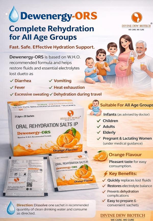 Dewenergy-ORS is a scientifically formulated Oral Rehydration Salts (ORS) solution designed to quickly restore the body’s fluid and electrolyte balance during dehydration. It is based on the World Health Organization (WHO) recommended formula, which is widely used to manage dehydration caused by conditions such as diarrhea, vomiting, fever, and excessive sweating. This balanced combination of essential salts and glucose helps the body absorb fluids more effectively, ensuring rapid rehydration and improved recovery.Dehydration occurs when the body loses more fluids than it takes in, leading to weakness, fatigue, dizziness, and other health complications. Dewenergy-ORS works by replenishing vital electrolytes such as sodium and potassium that are lost during illness or intense heat exposure. These electrolytes are essential for maintaining proper muscle function, nerve activity, and overall body balance. By restoring these nutrients, Dewenergy-ORS helps the body regain strength and maintain optimal hydration levels.The product comes in convenient sachets that are easy to carry and simple to prepare. Each sachet can be dissolved in the recommended quantity of clean drinking water to create an effective oral rehydration solution. The pleasant orange flavour makes it easy to consume for both adults and children, ensuring better compliance and regular intake during dehydration episodes.Dewenergy-ORS is suitable for people of all age groups, including children, adults, and the elderly. It can also be used for infants when advised by a healthcare professional. Additionally, pregnant and lactating women may use it under proper medical guidance to maintain hydration and electrolyte balance. This makes Dewenergy-ORS a versatile hydration solution for families, travel, and emergency situations.It is especially useful during hot weather, physical exertion, long journeys, or illness when the body is at higher risk of losing fluids. Regular use as directed can help prevent complications associated with dehydration and support faster recovery by restoring the body’s natural balance.With its trusted formulation, easy preparation, and refreshing taste, Dewenergy-ORS provides a reliable and effective way to combat dehydration and maintain healthy hydration levels. It is an essential addition to every household’s health care kit, ensuring quick and safe fluid replacement whenever the body needs it most.