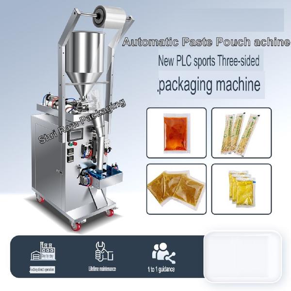 Shri Ram Packaging Pneumatic Small Chutney Sauce Paste Packaging MachineShri Ram Packaging Pneumatic Small Horizontal Paste Pouch Packaging Machine* is designed for efficient and accurate packing of paste and semi-liquid products. Equipped with a **40-litre 304ss mixing hopper with stirrer, it ensures uniform consistency during the filling process. The **PLC touch screen control** allows easy operation, precise settings, and smooth automation. Its **pneumatic system** provides stable performance, making it ideal for packaging products like sauces, creams, gels, honey, and other viscous materials. Built with durable materials, this machine offers reliable, hygienic, and high-speed pouch packaging for small to medium production units.Scope of application:ketchup,gel , Chutney,Honey ,Ghee ,Chili oil, broad bean paste, tomato sauce, hot pot base, salad dressing, pepper sauce, jam, cold noodle sauce, and other oily suspended substances.