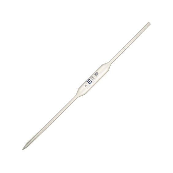 A volumetric pipette is a long, narrow glass tube with a bulb in the middle and a single calibration mark on the upper stem. It is designed to deliver a fixed and precise volume of liquid, such as 10 ml, 20 ml, or 25 ml. The pipette is filled using a pipette filler and the liquid is allowed to flow out slowly to ensure accurate measurement.