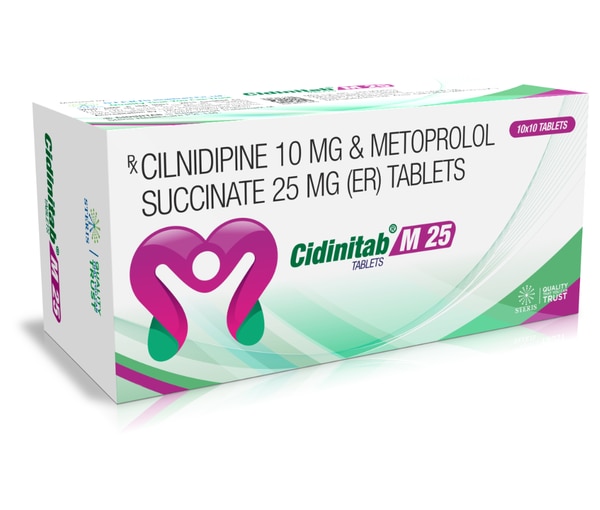 CILINITAB M 25Metoprolol Succinate 23.75 mg & Cilnidipine 10 mg Cilinitab M 25 combines Metoprolol Succinate 23.75mg and Cilnidipine 10mg, targeting hypertension with dual-action control over heart rate and blood vessel dilation.Uses:Designed to reduce high blood pressure and prevent heart complications.Metoprolol decreases heart rate and myocardial demand, while Cilnidipine prevents calcium-induced contractions in the heart and blood vessels.