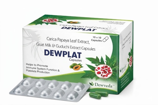 DEWPLAT Capsules are a specially formulated Ayurvedic health supplement designed to support the body’s natural immune response and promote healthy platelet production. This powerful formulation combines the benefits of Carica Papaya Leaf Extract, Guduchi Extract, Goat Milk Powder, and Shatavari to provide comprehensive wellness support. These natural ingredients are traditionally known for their ability to help improve immunity, maintain platelet levels, and support recovery during seasonal illnesses.Carica Papaya Leaf Extract is widely recognized for its potential to help support platelet production and overall blood health. Guduchi, a well-known Ayurvedic herb, helps strengthen the immune system and supports the body’s defense mechanisms. Goat Milk Powder provides essential nutrients that aid in better absorption and nourishment, while Shatavari contributes to overall vitality and body strength.DEWPLAT Capsules are carefully formulated to help promote immune system function and assist in maintaining healthy platelet levels, making them a beneficial supplement during conditions that may affect platelet count. The combination of these natural ingredients helps support overall health, improves body resistance, and assists in faster recovery.This proprietary Ayurvedic formulation is designed to provide natural support for individuals seeking to maintain their immune health and platelet balance in a safe and effective way.
