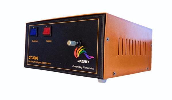 DT-3000 combination of Deuterium-Tungsten-Halogen light source, with a single beam output of halogen through a see-thru deuterium electrode which provides continuous spectrum of 200nm to 2100nm. The DT-3000 is powered by Hamamatsu state of art, high power, high brightness, UV source which provides a very stable output and a long life.