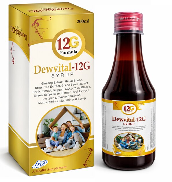 Dewvital-12G Syrup is a premium health supplement enriched with essential vitamins, minerals, and herbal extracts like Ginseng, Ginkgo Biloba, and Green Tea. It supports overall health, boosts immunity, and enhances energy levels for daily wellness.