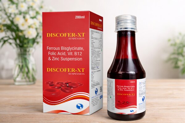 DISCOFER-XT Suspension is a premium hematinic formulation designed to support iron levels, improve hemoglobin formation, and promote overall health. Enriched with Ferrous Bisglycinate, Folic Acid, Vitamin B12, and Zinc, it ensures better absorption and effective management of iron deficiency.