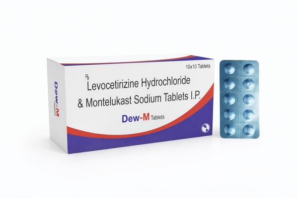 Dew-M Tablets – Levocetirizine & Montelukast 3D Box with Blister Strip is a professionally designed pharmaceutical packaging presentation that highlights both the product box and its corresponding blister strip in a realistic 3D format. The packaging features a clean white base enhanced with smooth red and blue graphical accents, creating a modern and trustworthy healthcare appearance.The front panel clearly displays the composition “Levocetirizine Hydrochloride & Montelukast Sodium Tablets I.P.” along with the brand name “Dew-M Tablets,” ensuring strong visibility and easy identification. The inclusion of the blister strip beside the box adds authenticity and provides a complete view of the dosage form, making it suitable for product listings, promotional materials, and medical catalogs.With its minimal background, soft shadows, and precise 3D perspective, this design delivers a polished and premium look that aligns with professional pharmaceutical branding standards.
