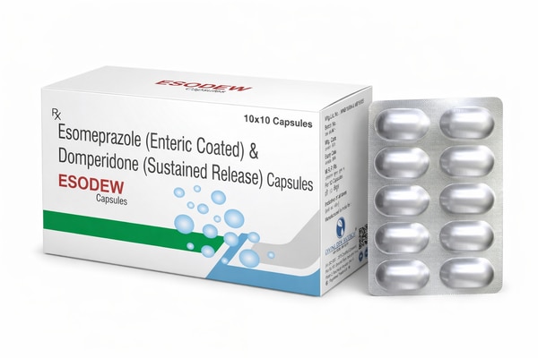 ESODEW Capsules are a dual-action formulation designed to manage acid-related gastrointestinal conditions. Esomeprazole works by reducing stomach acid production, while Domperidone enhances gastric motility, helping relieve symptoms such as heartburn, nausea, bloating, and acid reflux.