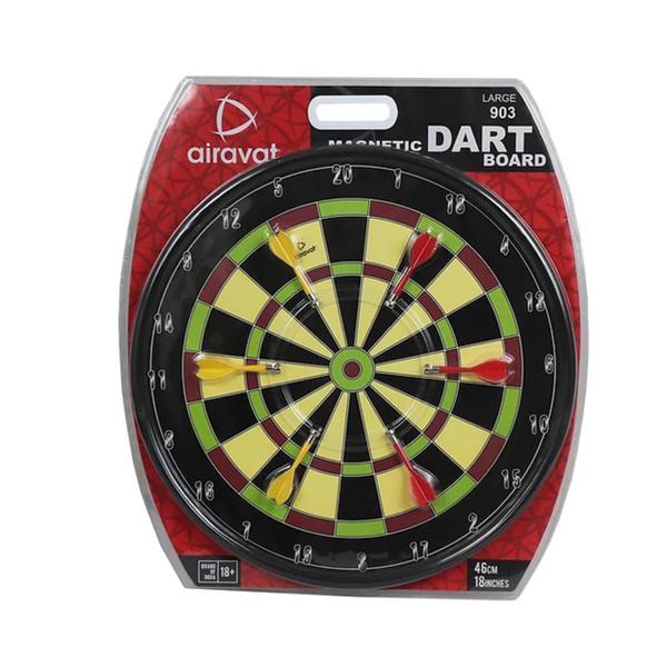 FEATURESSAFETY: AIRAVAT Magnetic dart boards eliminate the risk of injury from sharp darts, making them a safer option for children and adults.DURABILITY: Magnetic dart boards are made from durable materials that can withstand frequent use and last for a long time.PORTABILITY: Magnetic dart boards are lightweight and compact, making them easy to transport and use in different locations.MAGNETIC DARTS: Magnetic dart boards use darts with magnetic tips that stick to the board instead of piercing it, making it easier to score points and retrieve darts.COLORFUL DESIGN: Magnetic dart boards come in a variety of colorful designs and styles, making them a fun and attractive addition to any room or outdoor area.EASY TO USE: Magnetic dart boards are easy to set up and use, with no complicated installation required. Many come with a keyhole for easy hanging on a wall.RULESHang the board on a wall (measure 1.73m from the door to the center of the bullseye).Players must stand 2.37m from the dartboard when throwing. To decide who plays dart, each player or one from each side throws one dart. The player throwing nearest to the bullseye shall start the game. Players throw three darts each time.Darts obtaining a score should remain on the board on completion of each throw.