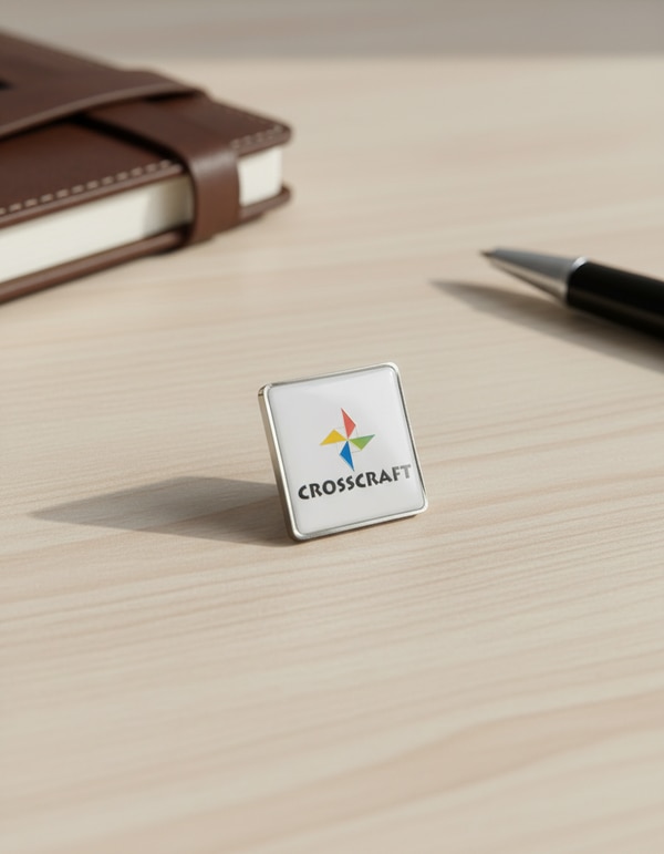 A premium magnetic company logo badge crafted with a sleek, polished finish, designed for easy attachment without damaging clothing.
