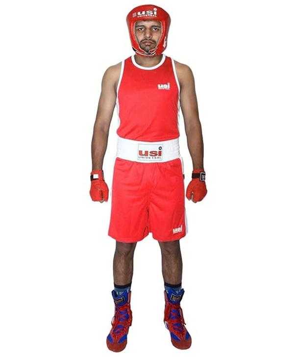 right color and durable Polyester material with dual stitching.Completely comfortable adding sleeveless vest with sweat reducing lining.Elasticated waist of shorts for easy snug fit.High-quality outfit made for intense boxing competitions, providing unmatched durability.Boxing dress set outfit is made of comfortable and lightweight 100% polyester fabric with added breathability in the ring.Polyester performance mesh 150 GSM apx100mm/4