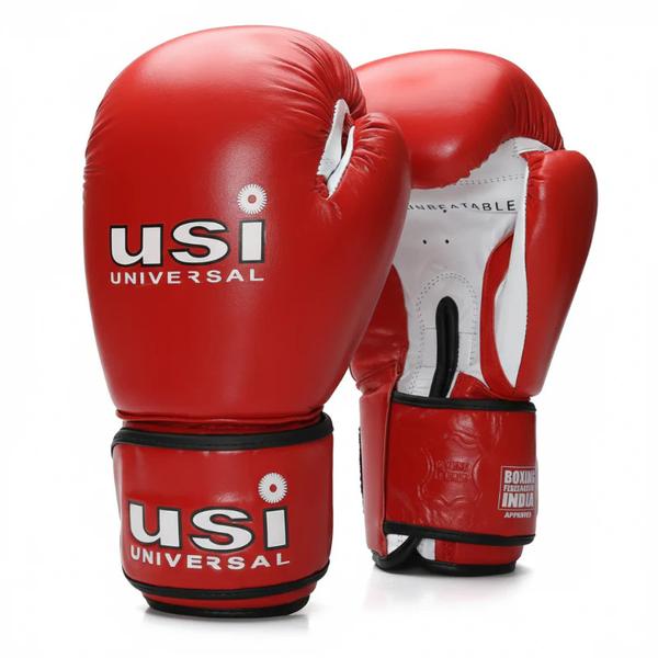 The USI Amateur Contest Boxing Gloves (Red) are your perfect companion for competitions, designed with top grain hide leather and high-density handcrafted foam padding for superior protection and comfort. These gloves feature a traditional lace-up style, providing a secure fit for intense training or matches. Available in vibrant red and blue, they offer both style and functionality, making them an essential addition to any boxer's gear.Key Features:Top Grain Hide Leather: Ensures durability and long-lasting use.High-Density Foam Padding: Provides exceptional shock absorption and comfort.Traditional Lace-Up Design: Offers a secure and adjustable fit.Available Colors: Comes in both red and blue to suit your style preference.Competitive Quality: Ideal for amateur contests and competitions.Specifications:Feature	DetailsMaterial	Top Grain Hide LeatherPadding	High-Density Handcrafted FoamDesign	Traditional Lace-UpColor Options	Red, BlueSize	12 oz, 14 oz, 16 ozUsage	Amateur ContestsOrigin	IndiaSuitable For	CompetitionsClosure Type	Lace-Up