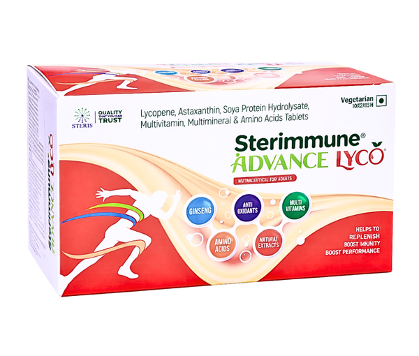 Lycopene, Astaxanthin, Soya Protein Hydrolysate, Multivitamin, Multimineral & Amino Acids TabletsIn today’s fast-paced lifestyle, maintaining optimal health and immunity has become more important than ever. Nutritional gaps, stress, pollution, and unhealthy dietary habits can weaken the body’s natural defense system and overall vitality. STERIMMUNE ADVANCE LYCO is a scientifically formulated nutritional supplement designed to support immunity, enhance energy levels, and promote overall wellness. With a powerful combination of antioxidants, proteins, essential vitamins, minerals, and amino acids, this supplement works as a comprehensive health booster for individuals of all age groups.Composition OverviewSTERIMMUNE ADVANCE LYCO contains a unique blend of:LycopeneAstaxanthinSoya Protein HydrolysateMultivitaminsMultimineralsEssential Amino AcidsEach ingredient plays a vital role in improving health and protecting the body against various deficiencies and oxidative stress.How Does STERIMMUNE ADVANCE LYCO Work?This advanced formulation works through a multi-dimensional approach:1. Powerful Antioxidant ProtectionLycopene and Astaxanthin are potent antioxidants that help neutralize harmful free radicals in the body. Free radicals are responsible for cellular damage, premature aging, and various chronic diseases. By reducing oxidative stress, this supplement supports cellular health and longevity.2. Immunity EnhancementThe combination of vitamins (such as Vitamin C, Vitamin E, and B-complex) along with essential minerals like Zinc and Selenium helps strengthen the immune system. It improves the body’s ability to fight infections and recover faster from illnesses.3. Protein and Muscle SupportSoya Protein Hydrolysate provides easily digestible protein, which is essential for muscle repair, tissue growth, and overall strength. It is especially beneficial for individuals recovering from illness or those with increased protein requirements.4. Nutritional BalanceMultivitamins and multiminerals help bridge nutritional gaps in daily diet, ensuring proper functioning of organs and metabolic processes.5. Amino Acid SupportAmino acids act as building blocks of proteins and are crucial for various bodily functions including enzyme production, hormone balance, and tissue repair.Uses of STERIMMUNE ADVANCE LYCOThis supplement is widely used for:Boosting overall immunityManaging nutritional deficienciesImproving energy levels and reducing fatigueSupporting recovery after illness or surgeryEnhancing skin health and reducing signs of agingPromoting heart health through antioxidant supportImproving general well-being and vitalityIt is especially beneficial for individuals with poor dietary intake, elderly patients, working professionals under stress, and those recovering from chronic conditions.Key Benefits of STERIMMUNE ADVANCE LYCO1. Strengthens Immune SystemThe presence of essential vitamins and antioxidants enhances the body’s natural defense mechanism, helping to prevent infections and illnesses.2. Rich Antioxidant SupportLycopene and Astaxanthin are among the most powerful antioxidants known. They protect cells from oxidative damage and reduce inflammation.3. Boosts Energy and Reduces FatigueWith a combination of B-complex vitamins and amino acids, this supplement helps improve energy metabolism and reduces tiredness.4. Supports Skin HealthAntioxidants help maintain healthy skin by reducing oxidative damage, improving elasticity, and slowing down aging signs like wrinkles and dullness.5. Enhances Muscle Strength and RecoverySoya Protein Hydrolysate provides essential protein for muscle repair and growth, making it ideal for recovery and physical strength.6. Promotes Heart HealthLycopene is known to support cardiovascular health by reducing oxidative stress and maintaining healthy blood circulation.7. Improves Overall WellnessRegular use helps maintain a balanced nutritional profile, improving physical and mental health.Side Effects of STERIMMUNE ADVANCE LYCOSTERIMMUNE ADVANCE LYCO is generally safe when taken as directed. However, like any supplement, it may cause mild side effects in some individuals:Common Side EffectsNauseaMild stomach discomfortHeadacheAllergic reactions (rare)Rare but Serious Side EffectsSevere allergic reactions (rash, itching, swelling)Digestive disturbances if taken in excessIf any unusual symptoms occur, it is advisable to consult a healthcare professional immediately.Precautions and Safety AdviceTake the supplement as prescribed by a healthcare providerDo not exceed the recommended dosagePregnant and breastfeeding women should consult a doctor before useIndividuals with soy allergies should use caution due to Soya Protein HydrolysateStore in a cool and dry place away from direct sunlightWho Should Use STERIMMUNE ADVANCE LYCO?This supplement is ideal for:Adults with weak immunityIndividuals with nutritional deficienciesPatients recovering from illness or surgeryPeople experiencing fatigue and low energyElderly individuals needing additional nutritional supportProfessionals exposed to stress and pollutionConclusionSTERIMMUNE ADVANCE LYCO is a comprehensive health supplement designed to meet modern nutritional needs. Its powerful blend of Lycopene, Astaxanthin, Soya Protein Hydrolysate, Multivitamins, Multiminerals, and Amino Acids provides a holistic approach to improving immunity, enhancing energy, and supporting overall health.