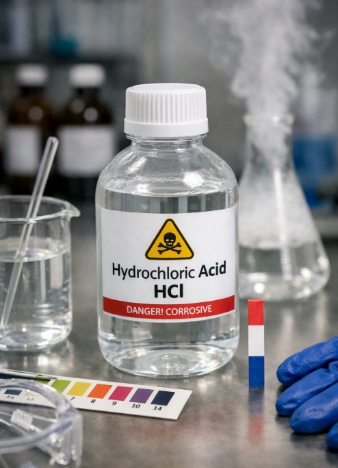 Hydrochloric acid (HCl) is a strong, highly corrosive acid commonly used in industry, laboratories, and even inside the human body.🔬 What it isChemical formula: HClIt is a solution of hydrogen chloride gas dissolved in waterColorless with a sharp, pungent smell⚗️ Key propertiesStrong acid (completely dissociates in water)Highly reactive and corrosiveTurns blue litmus paper redpH typically between 0–2 (very acidic)🏭 UsesIndustrial cleaning (removing rust and scale from metals)Manufacturing of chemicals, plastics, and dyesFood industry (used in controlled amounts for processing)pH control in water treatmentLaboratory reagent