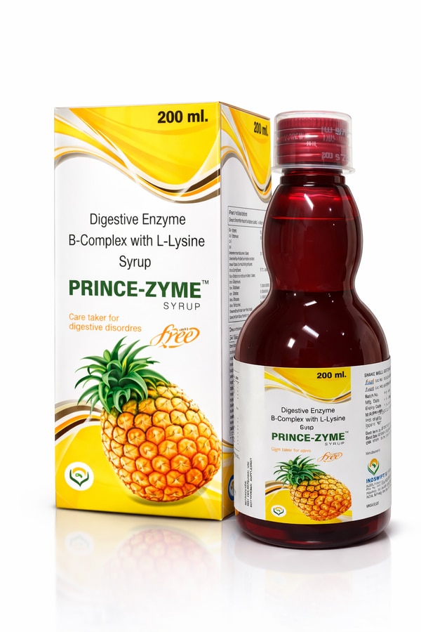 Prince-Zyme Digestive Enzyme Syrup is a balanced blend of essential digestive enzymes, B-Complex vitamins, and L-Lysine designed to support a healthy digestive system. It aids in breaking down food efficiently, reducing symptoms like indigestion, bloating, and discomfort after meals.The presence of fungal diastase and pepsin enhances digestion, while L-Lysine helps in tissue repair and growth. B-Complex vitamins play a vital role in boosting metabolism and maintaining energy levels. Its sugar-free formulation makes it an ideal choice for individuals monitoring their sugar intake.This syrup is suitable for both adults and children (as directed by a healthcare professional) and can be used as a daily digestive support supplement.