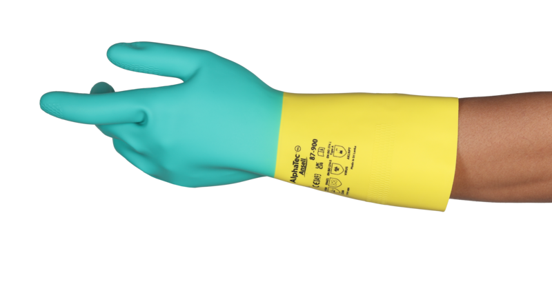 Ansell AlphaTec 87-900 Bi-Colour Neoprene GlovesTwo-toned double-dipped rubber and neoprene gloves, offering superior chemical resistanceKey Features and BenefitsLatex and neoprene blend: Heavy-duty protection from varied chemicals0.68mm/27 mil thickness: For robust and durable work gloves100% flock lining: Greater comfort, lesser skin irritationHeightened protection: AlphaTec® 87-900 protective gloves' combination of latex and neoprene ensures protection against a wide range of hazardous chemicalsImproved durability: Thanks to 0.68mm/27 mil thickness, these two-toned safety gloves are especially durable and robust, making them suitable for various heavy-duty ApplicationsIncreased comfort: These AlphaTec® industrial gloves also feature high-quality 100% cotton flock lining, reducing the potential for skin irritation and protecting wearers in comfortEnhanced grip: Designed with a honeycomb grip pattern, these heavy-duty work gloves ensure firm, confident grip in both wet and dry conditionsAssured quality: In addition, they boast an AQL of 1.5