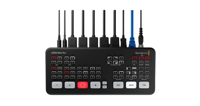 It includes a USB output that works as a webcam, making it compatible with platforms like Zoom and OBS, along with an HDMI output for program or multiview monitoring. The device also features a Fairlight audio mixer with EQ and dynamics, two 3.5mm audio inputs, picture-in-picture effects, transitions, chroma key (green screen), and a media pool for titles and graphics.The switcher offers multiview monitoring to display all inputs, preview, program, and recording/streaming status on a single screen, along with easy control via onboard buttons or software. It is powered by an external 12V supply and designed for professional live streaming, content creation, and broadcast workflows.