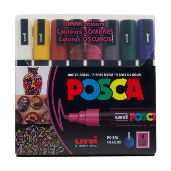 The uni-ball POSCA Dark Shades 5M Set brings together eight rich, moody colours—Deep Grey, Ruby Red, English Green, Prussian Blue, Cacao Brown, Ochre, Raspberry and White—designed for creators who love bold contrast and dramatic depth in every stroke.
Featuring the classic 5M bullet tip, these markers strike the perfect balance between precision and boldness, making them ideal for outlines, fills, lettering, and crisp monochrome gradients that never look flat or dull.
Discover an Artistic Wonderland: uni POSCA acrylic paint markers open the door to explore over 50 artistic surfaces. Effortlessly maneuver through wood, glass, metal, plastic, ceramic, leather, and more, creating mesmerizing artistry.
Unleash Your Creativity Everywhere: Experience the ease and convenience of the quick-drying feature, The uni Posca markers empowers you to paint without limits, turning any environment into your artistic playground.
Safety Meets Color: Embrace artistic freedom with peace of mind, knowing that our acrylic paint marker is ACMI-certified non-toxic. Open a world of limitless color mixing, layering, and diluting, enabling you to unlock new dimensions in your artistry.