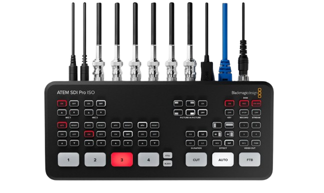 ATEM SDI are a family of live production switchers designed for broadcasters who need extreme portability! ATEM SDI switchers are very similar to ATEM Mini, however the video connections are 3G-SDI and each model has double the number of video outputs! You get 4 SDI inputs on the ATEM SDI and ATEM SDI Pro ISO models and 8 SDI inputs on the ATEM SDI Extreme ISO model. Plus all SDI inputs feature standards converters and re-sync! You even get DVEs for picture in picture effects! The ISO models support RTMP and SRT streaming for low latency and secure streaming. Plus, ISO recordings can sync to Blackmagic Cloud, so you can edit your live production with DaVinci Resolve anywhere in the world!