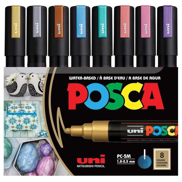 The uni-ball POSCA Earth Shades 5M Set brings eight grounded, Metallic tones- Gold, Silver, Bronze, Blue Green, Red, Violet & Pink.Featuring the classic 5M bullet tip, these markers strike the perfect balance between precision and boldness, making them ideal for outlines, fills, lettering, and crisp monochrome gradients that never look flat or dull.Discover an Artistic Wonderland: uni POSCA acrylic paint markers open the door to explore over 50 artistic surfaces. Effortlessly maneuver through wood, glass, metal, plastic, ceramic, leather, and more, creating mesmerizing artistry.Unleash Your Creativity Everywhere: Experience the ease and convenience of the quick-drying feature, The uni Posca markers empowers you to paint without limits, turning any environment into your artistic playground.Safety Meets Color: Embrace artistic freedom with peace of mind, knowing that our acrylic paint marker is ACMI-certified non-toxic. Open a world of limitless color mixing, layering, and diluting, enabling you to unlock new dimensions in your artistry.