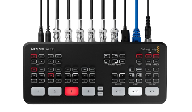 4 x 3G-SDI inputs, 2 x 3G-SDI outputs, USB-C output for webcam and recording, and multiview monitoring for all sources on a single screen. The switcher also supports automatic format conversion on inputs, embedded audio, and professional video processing in 10-bit 4:2:2 quality.The device automatically generates a DaVinci Resolve project file for post-production editing, allowing quick access to all recorded camera angles with synced timelines. It also includes advanced features like chroma key, transitions, picture-in-picture effects, and a Fairlight audio mixer, all in a compact design powered by a 12V external supply