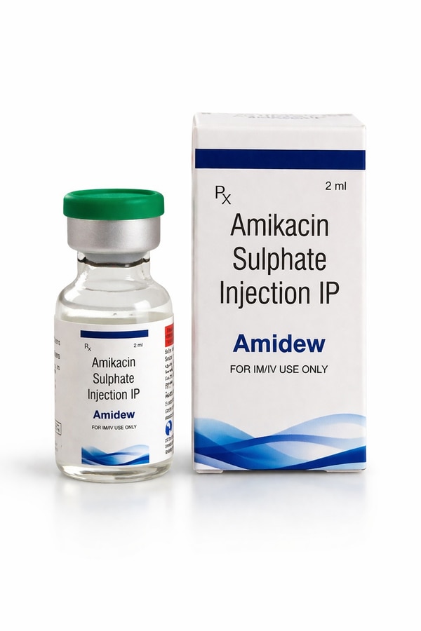 Amidew is a sterile injectable formulation containing Amikacin Sulphate, a broad-spectrum aminoglycoside antibiotic. It is used for the treatment of serious bacterial infections caused by susceptible organisms.