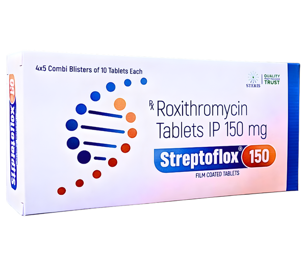STREPTOFLOX 150 is a trusted prescription antibiotic tablet containing Roxithromycin 150 mg, widely used to treat various bacterial infections. It belongs to the macrolide class of antibiotics and works by inhibiting bacterial growth, helping your body fight infections effectively.Composition of STREPTOFLOX 150Each tablet of STREPTOFLOX 150 contains:Roxithromycin IP 150 mg – the active ingredient that targets and eliminates bacteria.Inactive ingredients include cellulose, magnesium stearate, and other excipients that ensure proper tablet stability and absorption.Uses of STREPTOFLOX 150STREPTOFLOX 150 is prescribed for a wide range of bacterial infections, including:Respiratory Tract Infections – Effective in treating conditions like pneumonia, bronchitis, sinusitis, and tonsillitis.Skin and Soft Tissue Infections – Useful for treating infections like cellulitis and impetigo caused by susceptible bacteria.Ear, Nose, and Throat Infections – Provides relief from otitis media, pharyngitis, and other ENT-related bacterial infections.Urinary Tract Infections – Helps combat mild to moderate urinary tract infections.Sexually Transmitted Infections – Sometimes used for specific STIs under medical supervision.The versatility of Roxithromycin makes it a preferred choice in treating infections caused by gram-positive and some gram-negative bacteria.How STREPTOFLOX 150 WorksRoxithromycin works by inhibiting bacterial protein synthesis. It binds to the 50S ribosomal subunit of bacteria, preventing them from producing essential proteins required for growth and replication. By stopping bacterial multiplication, the immune system can efficiently clear the infection.This mechanism ensures a targeted action against bacteria, reducing the risk of damage to beneficial bacteria in the body when compared to broad-spectrum antibiotics.Key Benefits of STREPTOFLOX 150Fast-Acting Relief – Provides quick symptomatic relief from fever, inflammation, and pain associated with infections.Effective Against Multiple Infections – Treats respiratory, skin, ENT, and urinary infections efficiently.Convenient Dosage – Once or twice daily dosing improves patient compliance.Well-Tolerated – Generally safe for adults and children above prescribed ages with minimal side effects.Reduces Complications – Prevents worsening of infections if taken as prescribed.Side Effects of STREPTOFLOX 150Like all antibiotics, STREPTOFLOX 150 may have side effects in some individuals. Common side effects include:Nausea and vomitingStomach pain or discomfortDiarrhea or loose stoolsHeadacheMild skin rashSerious side effects are rare but may include:Severe allergic reactions (swelling, difficulty breathing)Liver function abnormalities (jaundice, dark urine)Irregular heartbeatImportant: Always take the medication as prescribed by a healthcare professional. Completing the full course is essential to prevent bacterial resistance and recurrence of infection.Dosage and AdministrationAdults: Usually 150 mg twice daily, or as directed by a physician.Children: Dosage depends on body weight and age; consult a doctor.Should be taken with or without food, with a full glass of water.Avoid skipping doses and complete the full course for optimal results.Precautions and InteractionsInform your doctor if you have liver disease, kidney issues, or heart problems.May interact with antacids, warfarin, or other medications, so disclose all ongoing treatments.Avoid alcohol during the treatment period to prevent gastrointestinal discomfort.ConclusionSTREPTOFLOX 150 (Roxithromycin 150 mg) is a reliable antibiotic choice for treating a variety of bacterial infections. Its targeted action, ease of use, and effectiveness make it a valuable addition to modern antibiotic therapy.By following the prescribed dosage and completing the treatment course, STREPTOFLOX 150 not only provides fast relief but also reduces the risk of infection recurrence and complications. Always consult a healthcare professional before starting this medication to ensure safe and effective treatment.