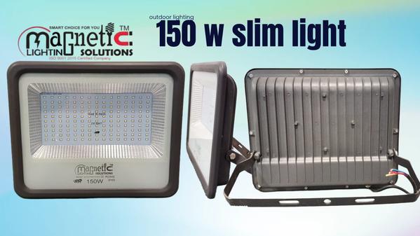 150W Slim LED Flood Light – Outdoor Lighting SolutionThe 150W Slim LED Flood Light by Magnetic Lighting Solutions is a high-performance and energy-efficient outdoor lighting solution designed for superior illumination in commercial, industrial, and residential applications. Built with advanced LED technology, this slim and compact floodlight delivers powerful brightness while maintaining low power consumption.*Key Features:-*High Brightness Output: Equipped with premium quality LED chips, ensuring uniform and powerful lighting.*Energy Efficient: Consumes significantly less power compared to traditional floodlights, helping reduce electricity costs.*Slim & आधुनिक Design: Compact and lightweight body makes installation easy and space-saving.*Durable Construction: Made with robust aluminum housing for excellent heat dissipation and long lifespan.*Weather Resistant (IP65): Suitable for outdoor use, resistant to dust, rain, and harsh environmental conditions.*Wide Beam Angle: Provides broader light coverage, ideal for large areas.*Long Life Span: Designed for long operational hours with minimal maintenance.Applications:*Outdoor lighting*Industrial areas & factories*Warehouses & workshops*Parking areas & highways*Stadiums & playgrounds*Building facades & gardensSpecifications:*Power: 150 Watt*Type: Slim LED Flood Light*Protection: IP65 Rated*Material: Die-cast aluminum body*Mounting: Adjustable bracket for flexible installationThis 150W slim light is the perfect choice for anyone looking for reliable, long-lasting, and cost-effective outdoor lighting with modern design and high efficiency.