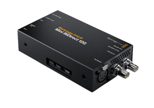 Works in all video standards up to 2160p60.Includes 5-pin XLR talkback headset connection.SDI input for program return with integrated tally light.Power over Ethernet or included 12V DC power supply.This bi-directional 12G-SDI converter connects broadcast cameras to SMPTE-2110 IP systems. This means it handles the SDI camera feed and the SDI program return in the one converter! Its small size means it can be used in-line hand held. It also has a 5-pin talkback headset connection with volume control and a press to talk button! You get support for HD and Ultra HD standards up to 2160p60. Plus it powers from the RJ-45 10G Ethernet or included DC power supply.