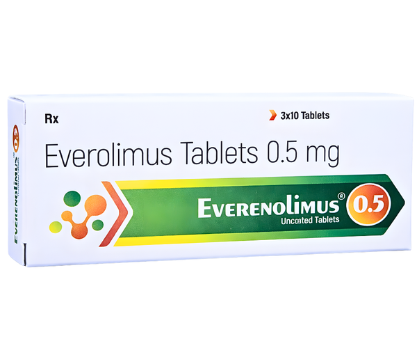 EVERENOLIMUS 0.5 is a prescription medication containing Everolimus 0.5 mg tablets, a potent mTOR (mammalian target of rapamycin) inhibitor used in advanced medical treatments. This medicine works by regulating cell growth, division, and immune system activity, making it effective in both oncology and transplant care.Everolimus has become a crucial therapeutic option for patients requiring targeted cancer therapy or immunosuppression after organ transplantation. Its dual functionality—controlling abnormal cell proliferation and preventing organ rejection—makes it a preferred choice among healthcare providers.In India, EVERENOLIMUS 0.5 is increasingly prescribed for specific cancers, post-transplant care, and rare disorders like tuberous sclerosis complex. Its oral tablet form allows convenient administration while maintaining effective systemic action.Uses of EVERENOLIMUS 0.5EVERENOLIMUS 0.5 is indicated for a range of serious medical conditions:1. Organ TransplantationHelps prevent rejection of kidney and liver transplantsMaintains graft survival by suppressing the immune response2. Cancer TreatmentHormone receptor-positive, HER2-negative advanced breast cancerAdvanced kidney cancer (renal cell carcinoma)Neuroendocrine tumors (pancreas, lungs, gastrointestinal tract)3. Tuberous Sclerosis Complex (TSC)Manages non-cancerous tumors such as subependymal giant cell astrocytoma (SEGA)Reduces tumor growth in vital organs4. Other Rare ConditionsCertain types of cardiac or renal vascular growth disorders, under specialist supervisionBenefits of EVERENOLIMUS 0.51. Dual Therapeutic ActionOffers immunosuppressive benefits for transplant patientsProvides targeted anti-cancer activity to control abnormal cell growth2. Improved Transplant OutcomesReduces the risk of graft rejectionEnsures long-term functionality of transplanted organs3. Targeted Cancer TherapyFocuses on specific cellular pathwaysMinimizes damage to healthy cells compared to conventional chemotherapy4. Slows Disease ProgressionEffective in advanced cancers and benign tumorsControls disease symptoms and improves patient quality of life5. Convenient Oral FormulationEasy to take as a tablet without injectionsEnables consistent and controlled drug delivery6. Enhances Long-Term ManagementRegular use supports chronic disease controlReduces hospitalization and complication ratesDosage of EVERENOLIMUS 0.5The exact dosage depends on the patient’s condition, weight, and response to therapy. It must be determined by a healthcare professional.General Guidelines:Typically taken once dailySwallow the tablet whole with waterCan be taken with or without food, but maintain consistencyMonitoring Requirements:Regular blood tests to check kidney and liver functionMonitoring drug levels ensures effectiveness and safetyMissed Dose:Take the missed dose as soon as possibleIf it is near the next scheduled dose, skip the missed doseDo not double the doseSide Effects of EVERENOLIMUS 0.5EVERENOLIMUS 0.5 may cause side effects, which can range from mild to serious.Common Side Effects:Fatigue and weaknessNausea or vomitingMouth ulcersDiarrheaLess Common Side Effects:Edema (swelling in hands or feet)Increased blood sugar and cholesterol levelsSkin rashSerious Side Effects:Increased risk of infections due to suppressed immunityLung inflammation (non-infectious pneumonitis)Impaired kidney or liver functionDelayed wound healingWhen to Seek Medical Attention:Persistent fever or signs of infectionShortness of breath or chest painSevere weakness, dizziness, or swellingUnusual bleeding or bruisingPrecautions and Warning1. Infection RiskSuppressed immunity increases susceptibility to infectionsAvoid exposure to people with contagious diseases2. Liver and Kidney FunctionRegular tests are necessary to monitor organ health3. VaccinationsAvoid live vaccines during treatmentConsult your doctor before any vaccination4. Drug InteractionsInform your doctor about all medications, including antibiotics, antifungals, and supplements5. Pregnancy and ContraceptionNot recommended during pregnancyEffective contraception is advised during and after treatment6. Surgery and Wound HealingInform your doctor before undergoing surgeryWound healing may be delayed due to Everolimus effects7. Sun ProtectionIncreased sensitivity to sunlightUse sunscreen and protective clothingConclusionEVERENOLIMUS 0.5 (Everolimus Tablets 0.5 mg) is a highly effective oral medication that offers dual benefits for cancer patients and organ transplant recipients. Its targeted mechanism ensures precise therapeutic action while minimizing unnecessary side effects.By preventing organ rejection, controlling tumor growth, and improving long-term outcomes, EVERENOLIMUS 0.5 has become a trusted choice in modern clinical practice. Patients in India seeking reliable, medically supervised care for complex conditions can benefit greatly from this advanced therapy.Strict adherence to dosage, regular monitoring, and medical supervision are essential for safe and effective use. Combined with lifestyle and dietary guidance, EVERENOLIMUS 0.5 supports improved quality of life and enhanced clinical outcomes.