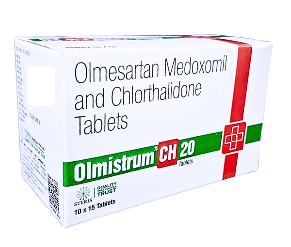 OLMISTRUM CH 20Olmesartan (20mg), Chlorthalidone (12.5mg)OLMISTRUM CH 20 is a combination medication containing Olmesartan (20mg) and Chlorthalidone (12.5mg). Olmesartan belongs to a class of drugs known as angiotensin receptor blockers (ARBs), which work by relaxing blood vessels, thus lowering blood pressure and improving blood flow. Chlorthalidone is a diuretic that helps the body eliminate excess salt and water, reducing fluid retention and lowering blood pressure. Together, they are used to treat hypertension (high blood pressure) and may help prevent strokes, heart attacks, and kidney problems. It's important to follow your healthcare provider's instructions carefully when taking OLMISTRUM CH 20 to achieve optimal results and minimize potential side effects.For further information:Email: info@sterispharma.com / contact@sterispharma.comCall/WhatsApp: 7877551268, 7849827488Buy Now: https://www.sterisonline.com/product/olmistrum-ch-20-133345